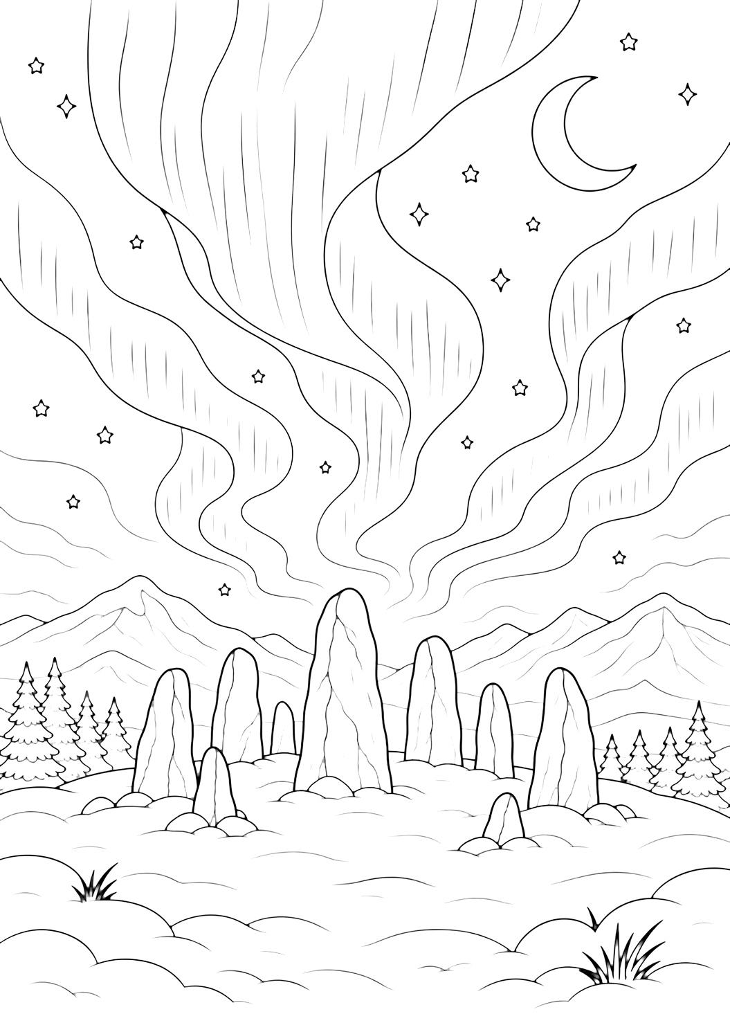 Disegno da colorare con un'aurora boreale con aurora boreale su pietre erette, ampie fasce nel cielo, paesaggio innevato, luna, stelle e semplici forme naturali. Adatto a bambini, inverno, stampa e colorazione online.