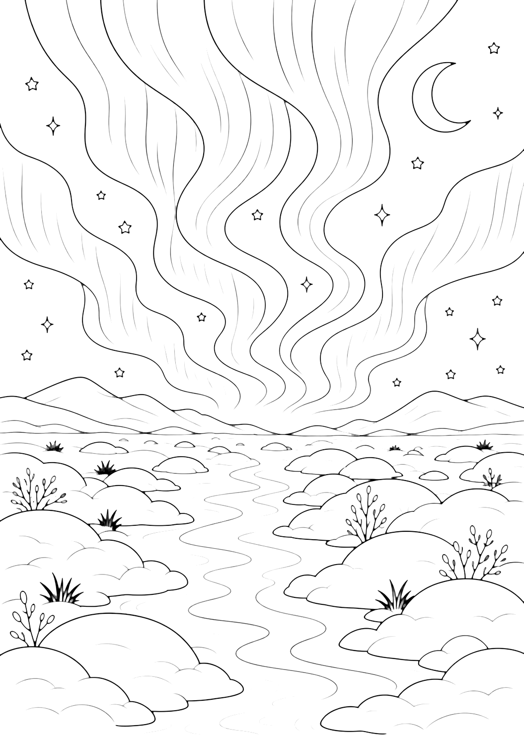 Dibujo para colorear con auroras boreales con aurora sobre montículos de tundra, bandas amplias en el cielo, paisaje nevado, luna, estrellas y formas naturales sencillas. Ideal para niños, invierno, impresión y coloreado online.
