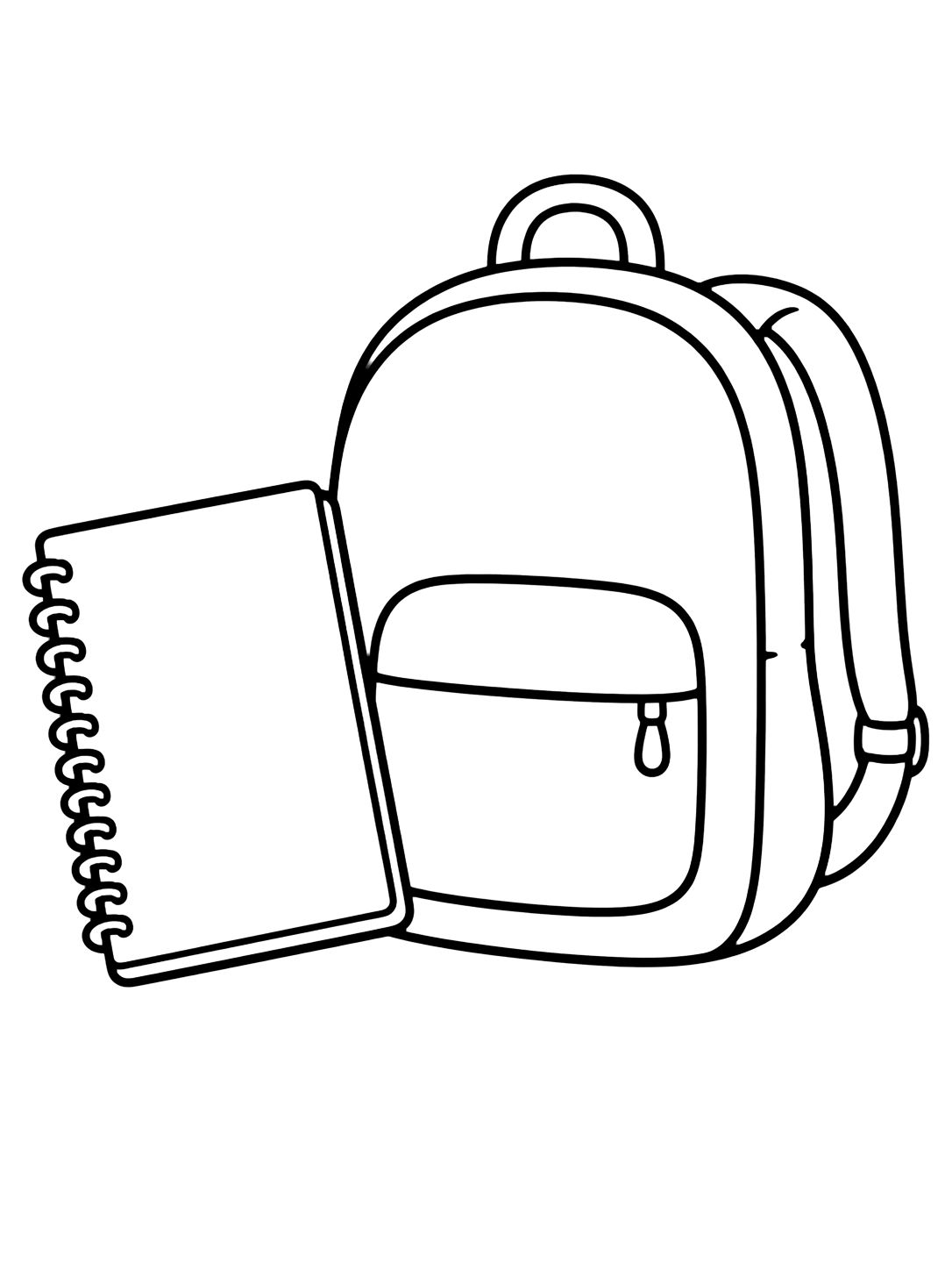 Dibujo para colorear con el motivo «cuaderno y mochila» con un cuaderno claro, formas escolares grandes y mucho espacio libre. Ideal para niños, actividades escolares, impresión y coloreado online.