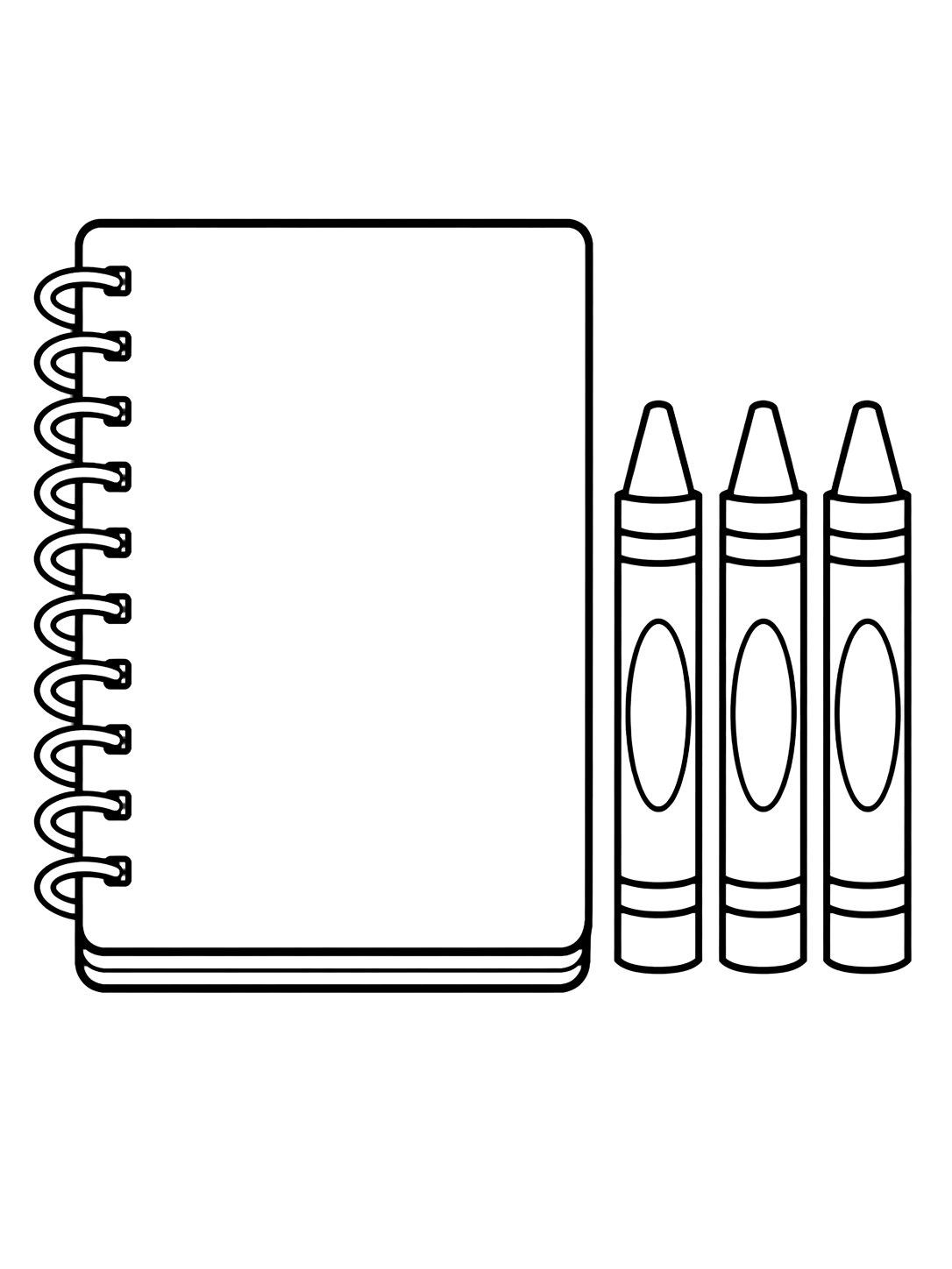 Dibujo para colorear con el motivo «cuaderno y crayones» con un cuaderno claro, formas escolares grandes y mucho espacio libre. Ideal para niños, actividades escolares, impresión y coloreado online.
