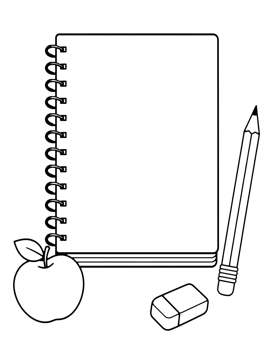notebook coloring page with one large spiral notebook with a blank cover, a few blank page lines, a pencil, an eraser, and a small apple beside it for kids