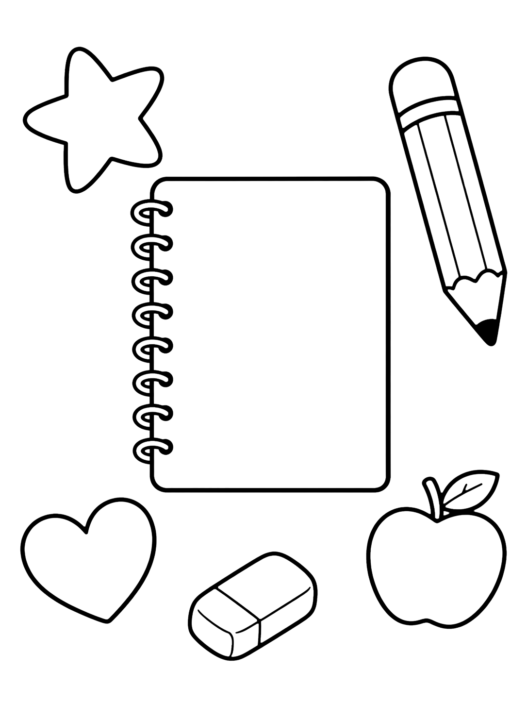 Dibujo para colorear con el motivo «cuaderno doodle» con un cuaderno grande y varios elementos escolares doodle amplios. Ideal para niños, actividades escolares, impresión y coloreado online.