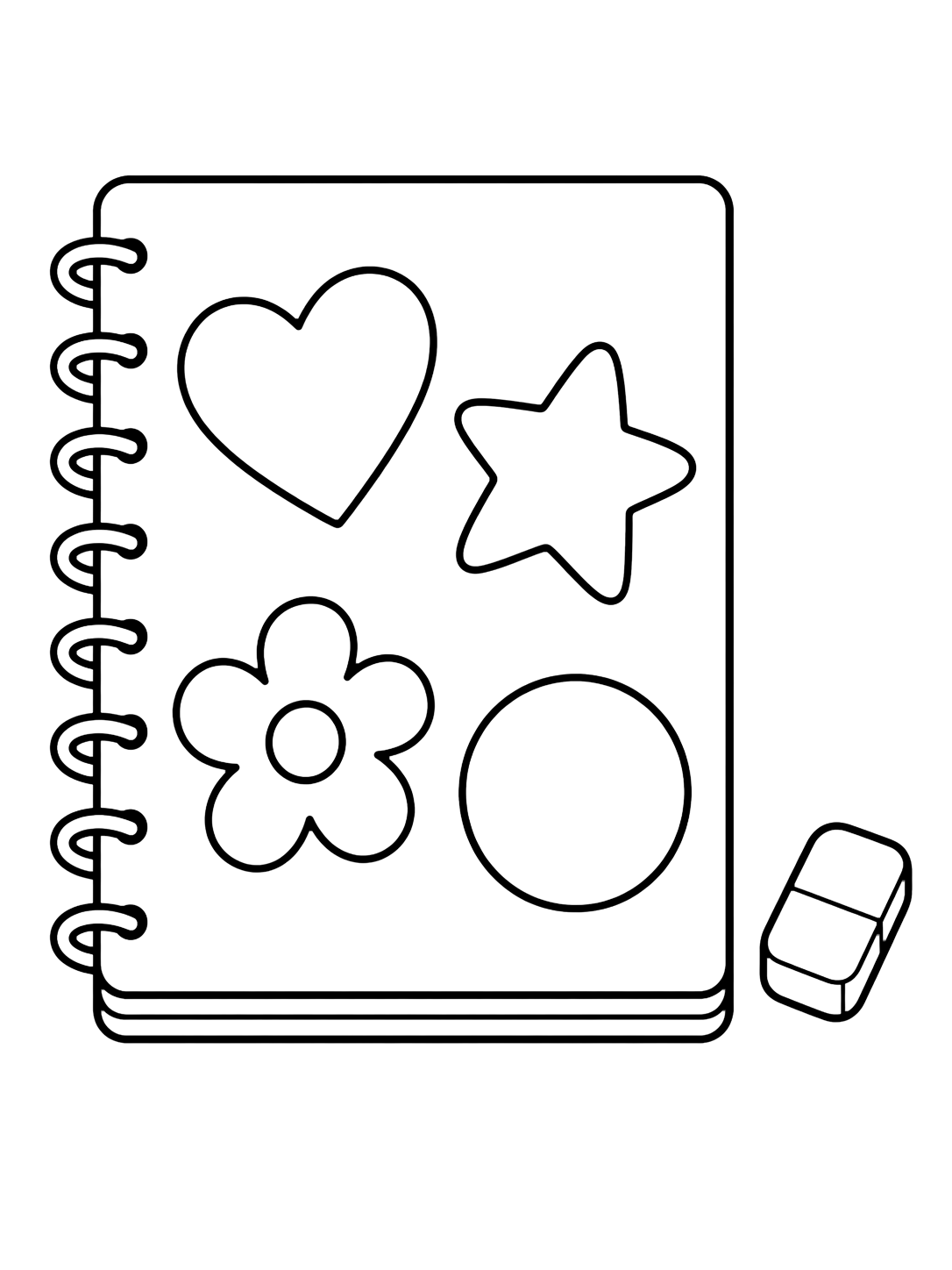 Dibujo para colorear con el motivo «cuaderno con parches doodle» con un cuaderno grande y varios elementos escolares doodle amplios. Ideal para niños, actividades escolares, impresión y coloreado online.