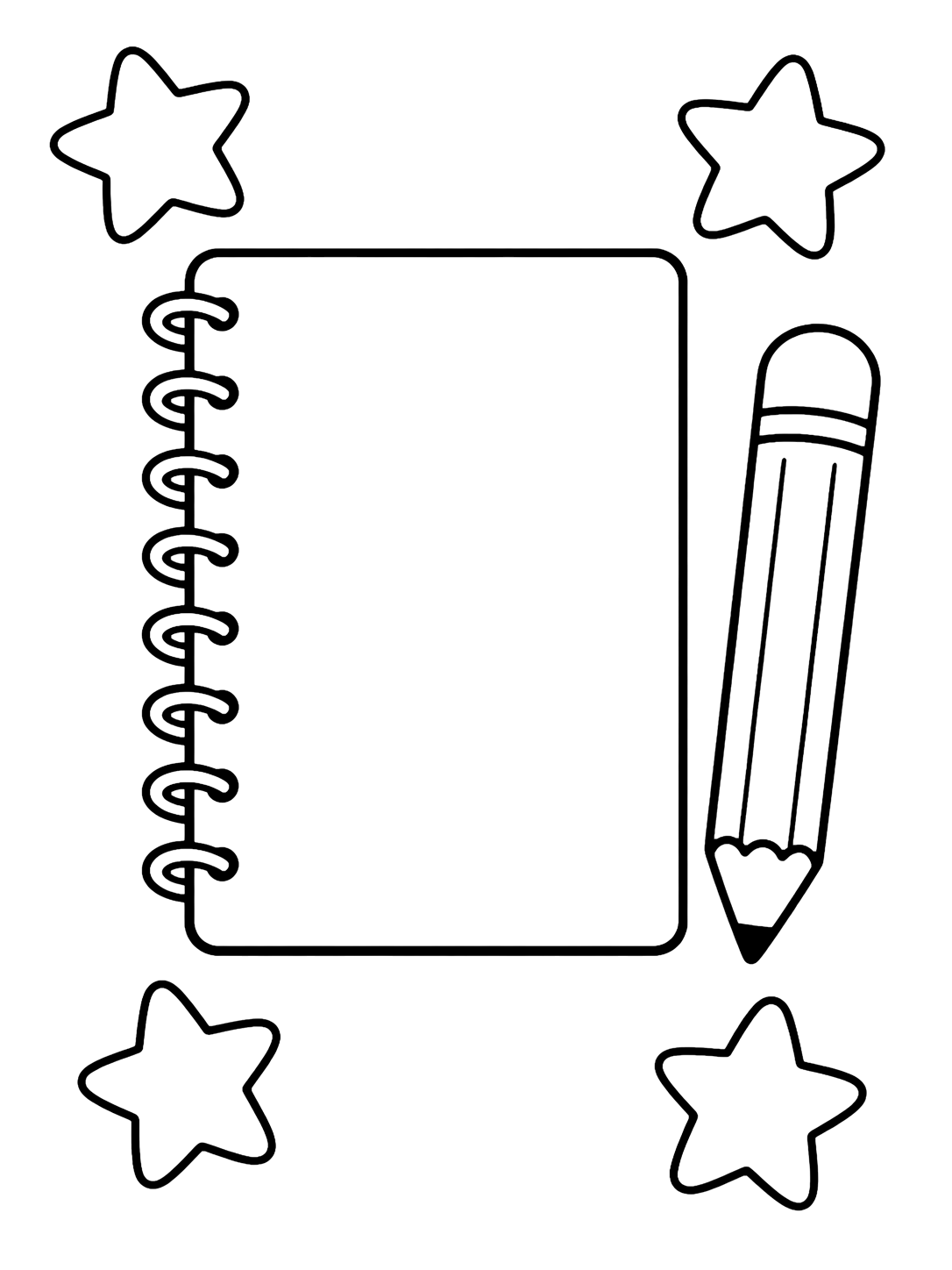 Dibujo para colorear con el motivo «cuaderno y estrellas doodle» con un cuaderno grande y varios elementos escolares doodle amplios. Ideal para niños, actividades escolares, impresión y coloreado online.