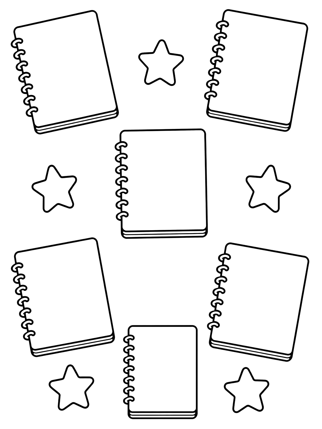 Dibujo para colorear con el motivo «patrón de cuadernos» como un patrón amplio con cuadernos grandes y formas escolares. Ideal para niños, actividades escolares, impresión y coloreado online.
