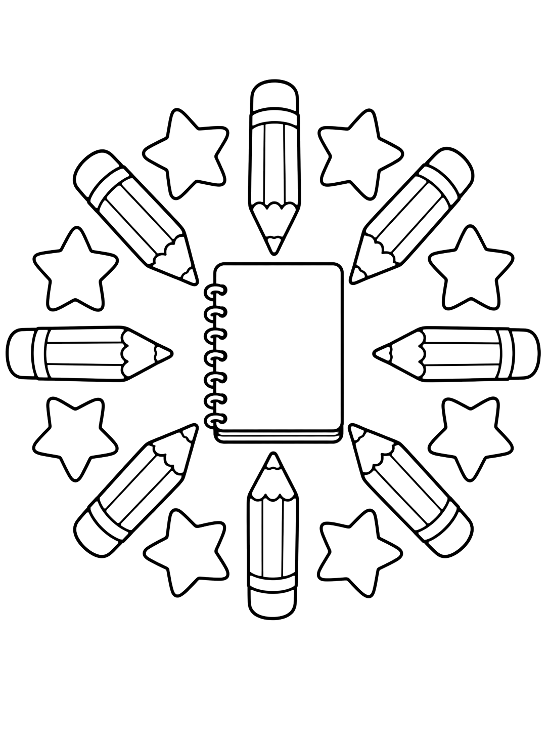 Coloriage avec le motif « mandala cahier et crayons » dans un mandala rond facile avec de grands cahiers et formes scolaires. Idéal pour enfants, rentrée scolaire, impression et coloriage en ligne.