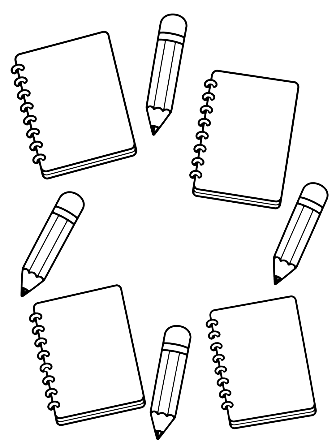 Dibujo para colorear con el motivo «patrón de cuadernos y lápices» como un patrón amplio con cuadernos grandes y formas escolares. Ideal para niños, actividades escolares, impresión y coloreado online.