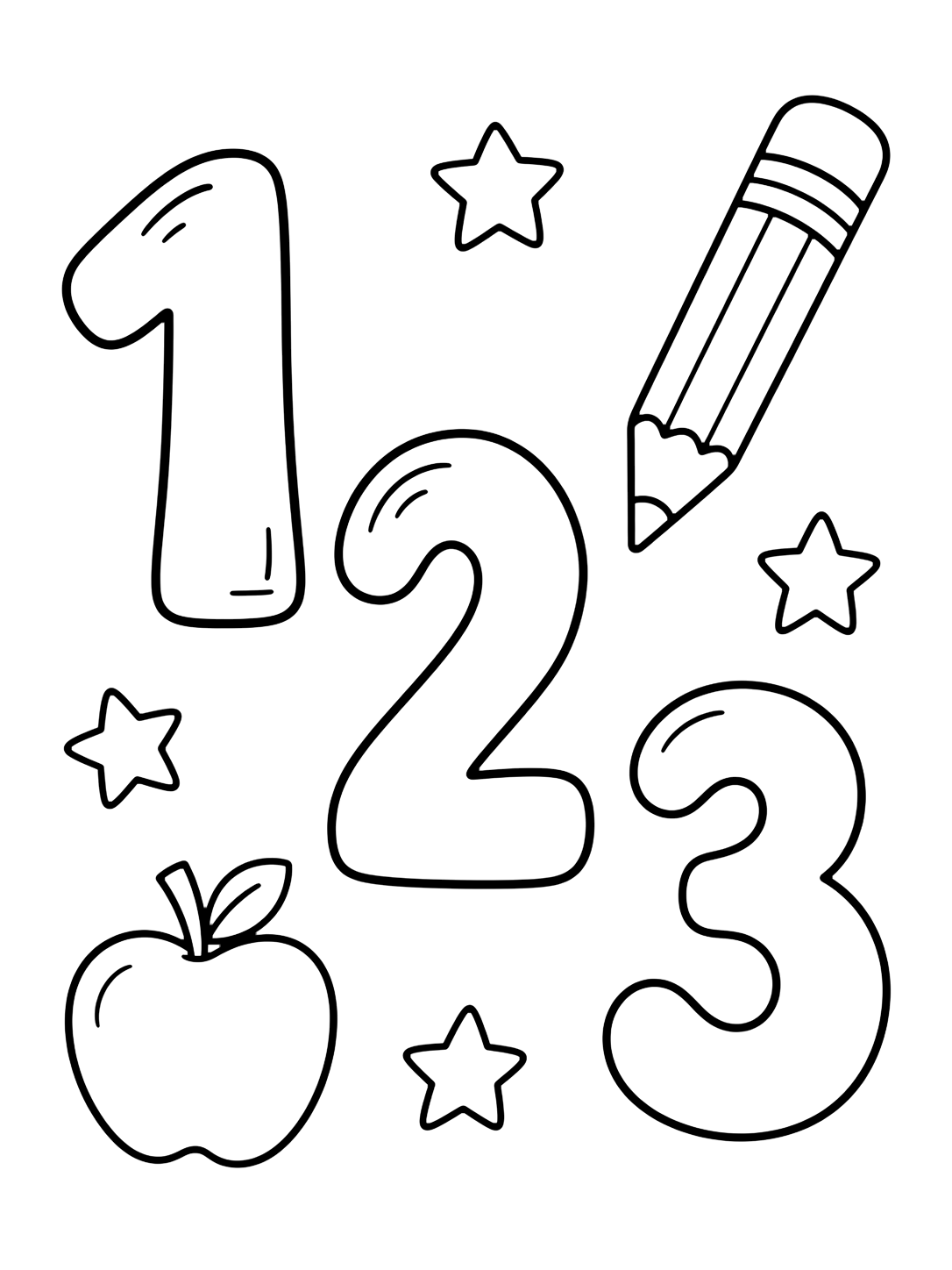 Dibujo para colorear con números grandes 1, 2 y 3 en estilo doodle con lápiz, manzana y estrellas sencillas, colocados con mucho espacio blanco. Ideal para niños, actividades escolares, impresión y coloreado online.