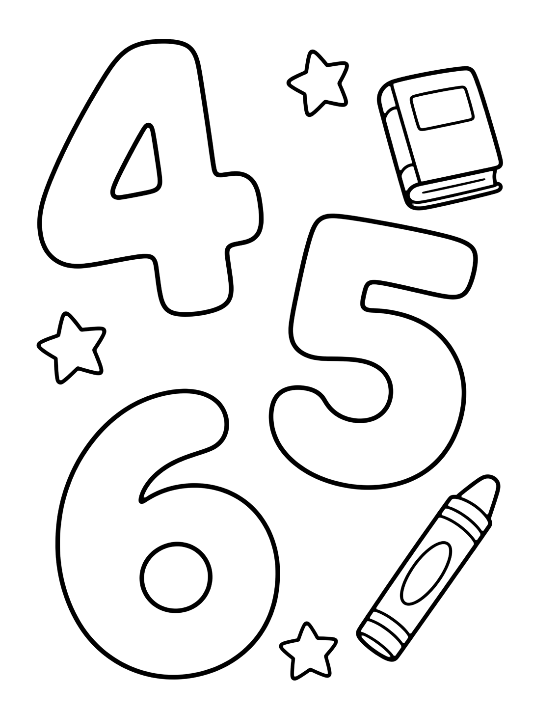 Dibujo para colorear con números grandes 4, 5 y 6 en estilo doodle con un libro, un crayón y algunas estrellas sencillas. Ideal para niños, actividades escolares, impresión y coloreado online.