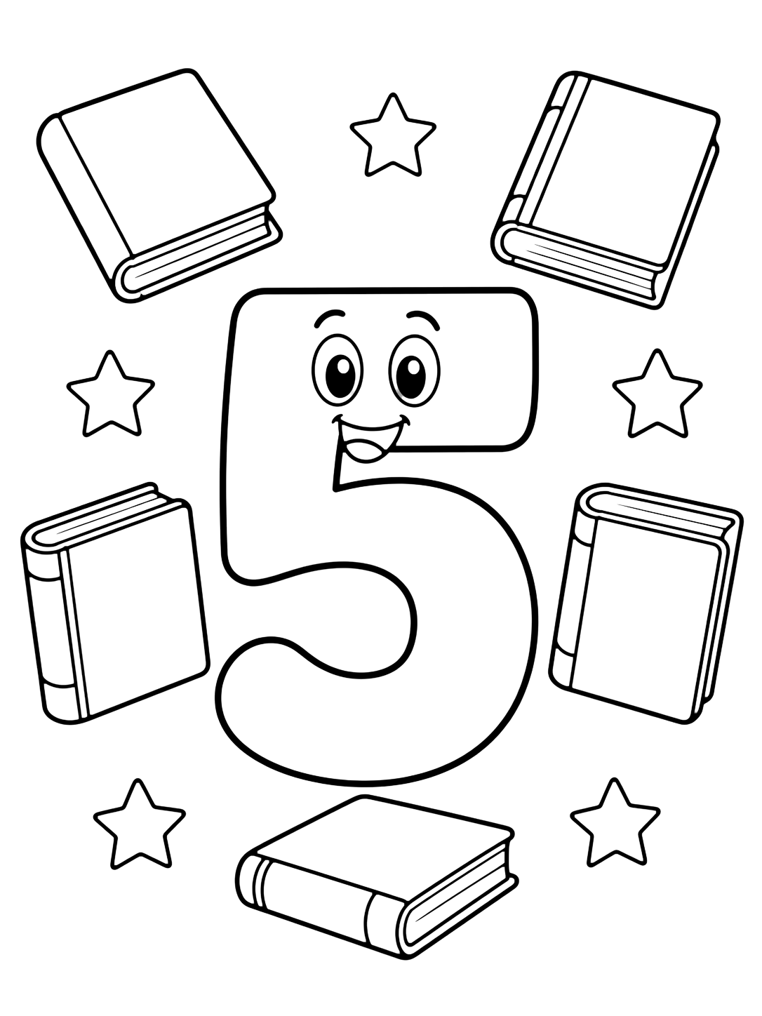 Coloriage avec un grand chiffre 5 amical avec cinq livres d'école simples et quelques étoiles d'école simples. Idéal pour enfants, rentrée scolaire, impression et coloriage en ligne.