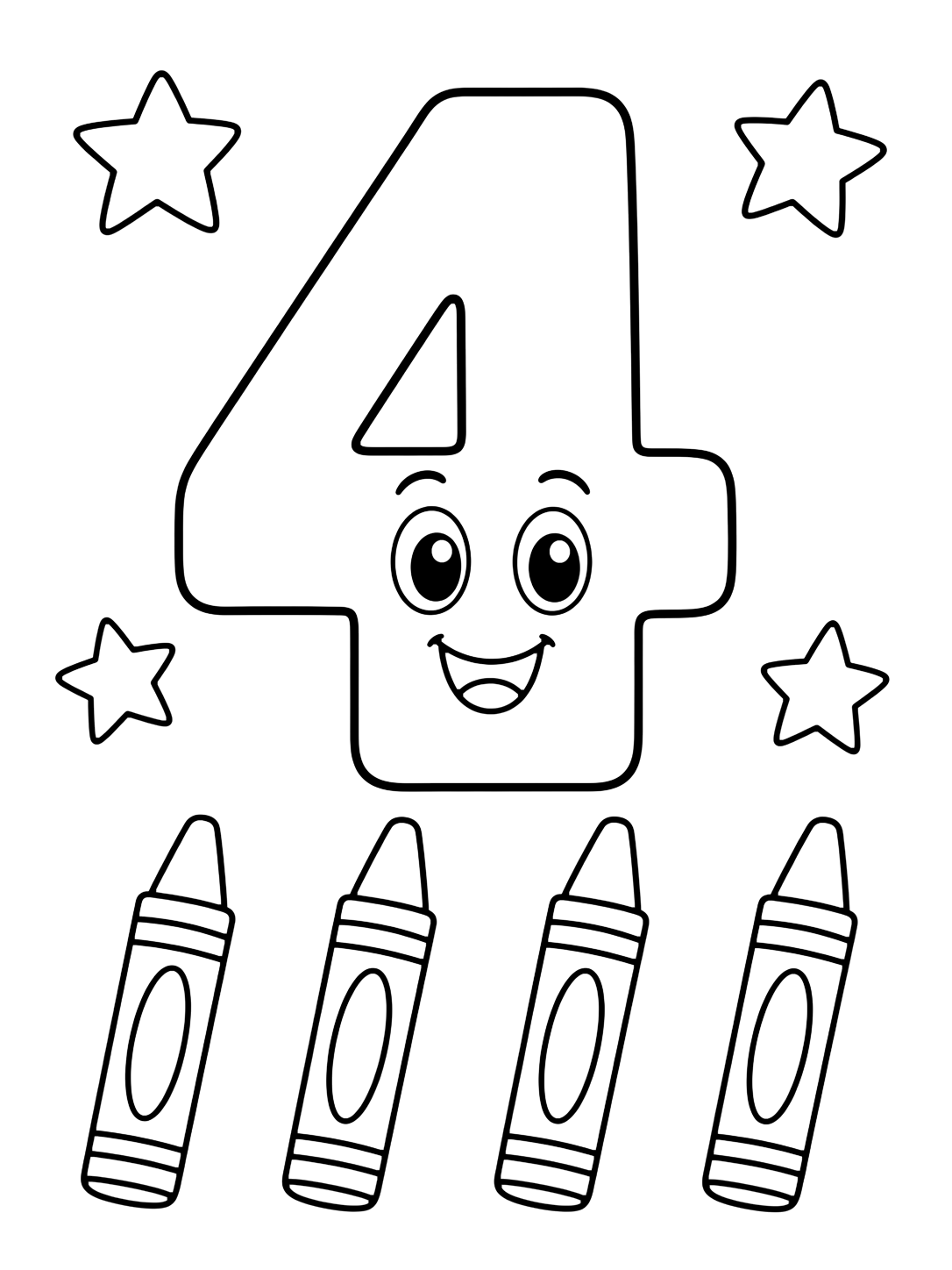 Dibujo para colorear con un gran número 4 simpático con cuatro crayones gruesos y algunas estrellas escolares sencillas. Ideal para niños, actividades escolares, impresión y coloreado online.
