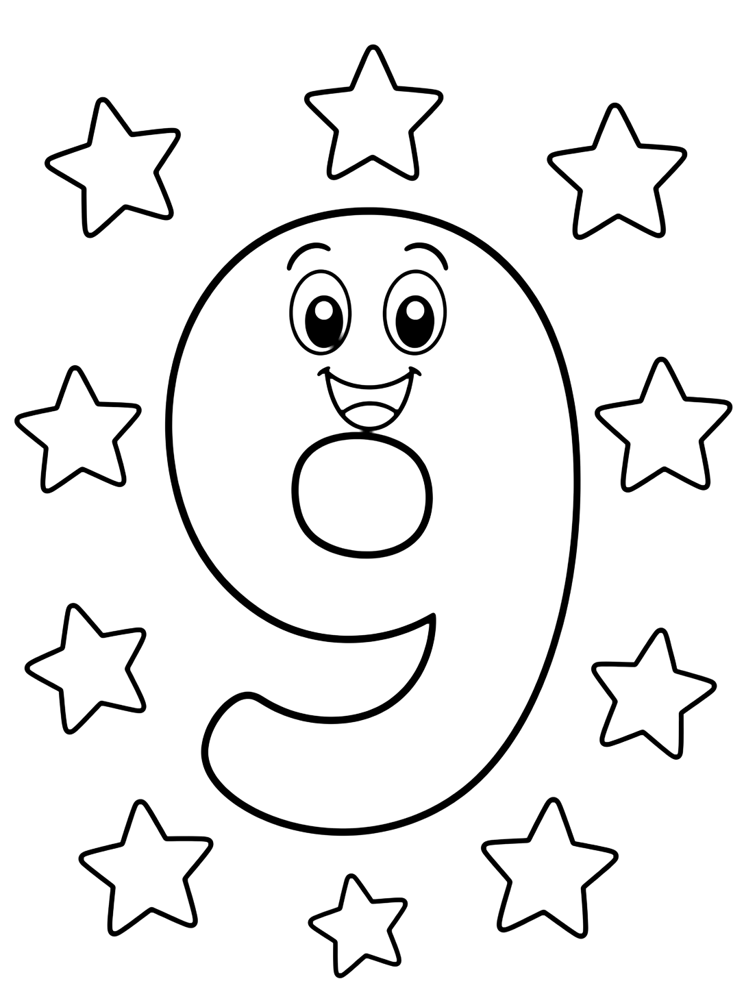 Dibujo para colorear con un gran número 9 simpático con nueve estrellas escolares sencillas y algunas estrellas escolares sencillas. Ideal para niños, actividades escolares, impresión y coloreado online.