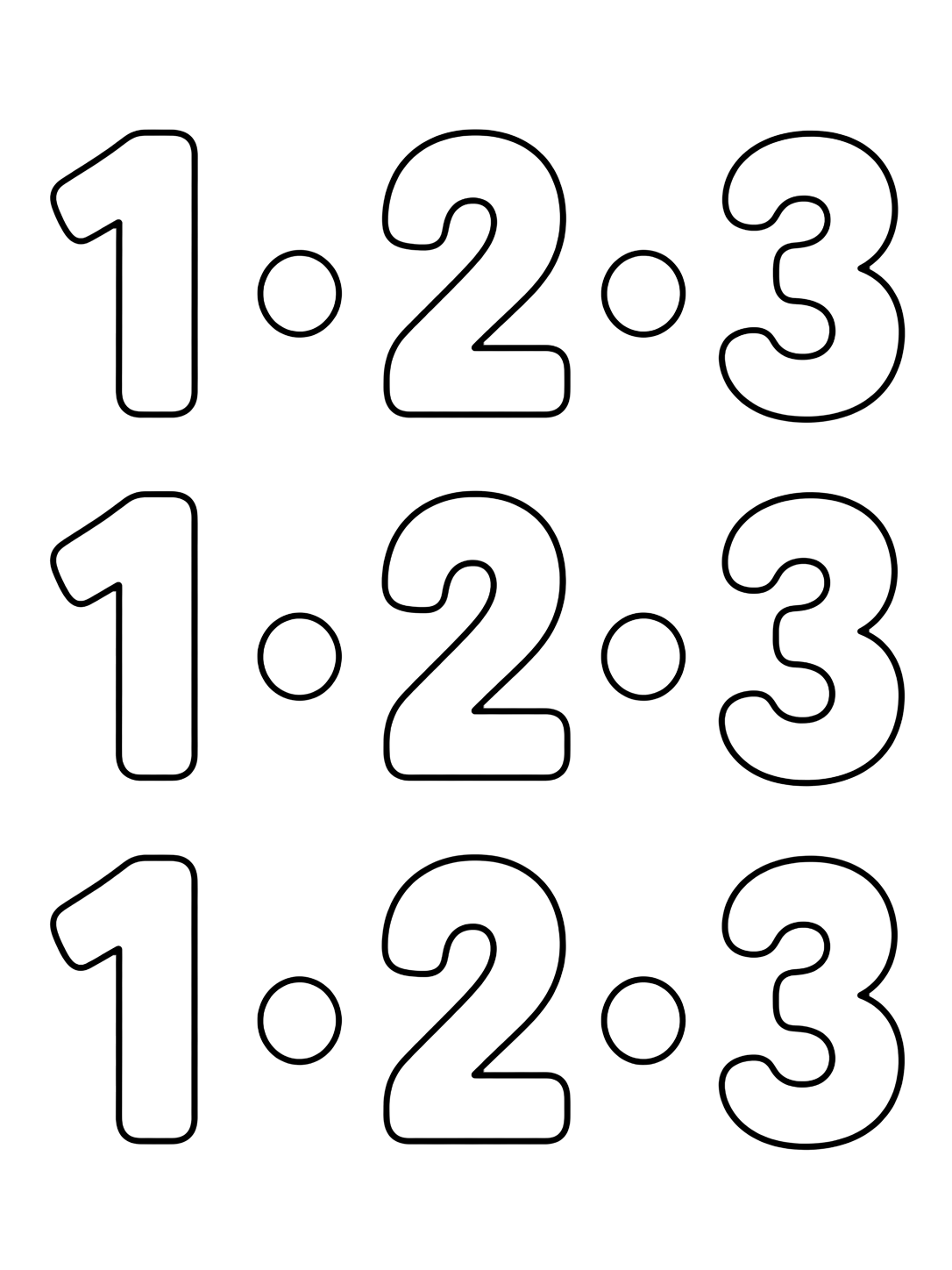 Dibujo para colorear con un patrón repetido sencillo de números grandes 1, 2 y 3 en contorno, con puntos grandes entre ellos. Ideal para niños, actividades escolares, impresión y coloreado online.