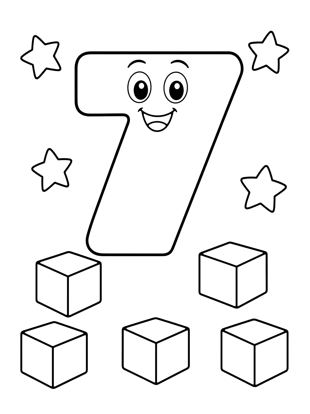 Coloriage avec un grand chiffre 7 amical avec plusieurs grands cubes à compter et quelques étoiles d'école simples. Idéal pour enfants, rentrée scolaire, impression et coloriage en ligne.