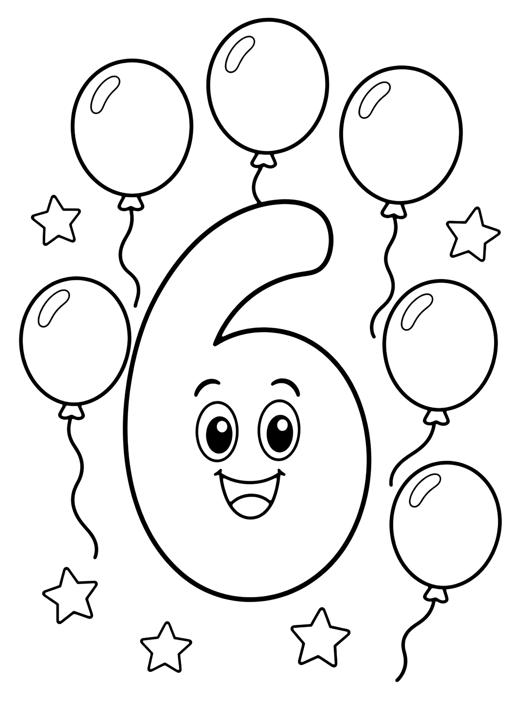 Coloriage avec un grand chiffre 6 amical avec six ballons ronds et quelques étoiles d'école simples. Idéal pour enfants, rentrée scolaire, impression et coloriage en ligne.