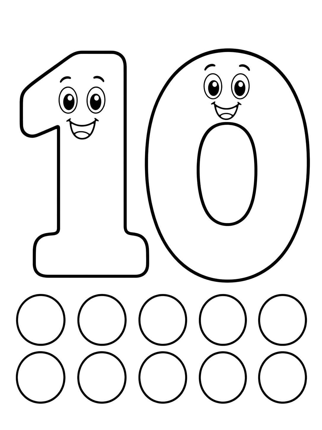 Dibujo para colorear con un gran número 10 simpático con diez puntos grandes para contar y algunas estrellas escolares sencillas. Ideal para niños, actividades escolares, impresión y coloreado online.