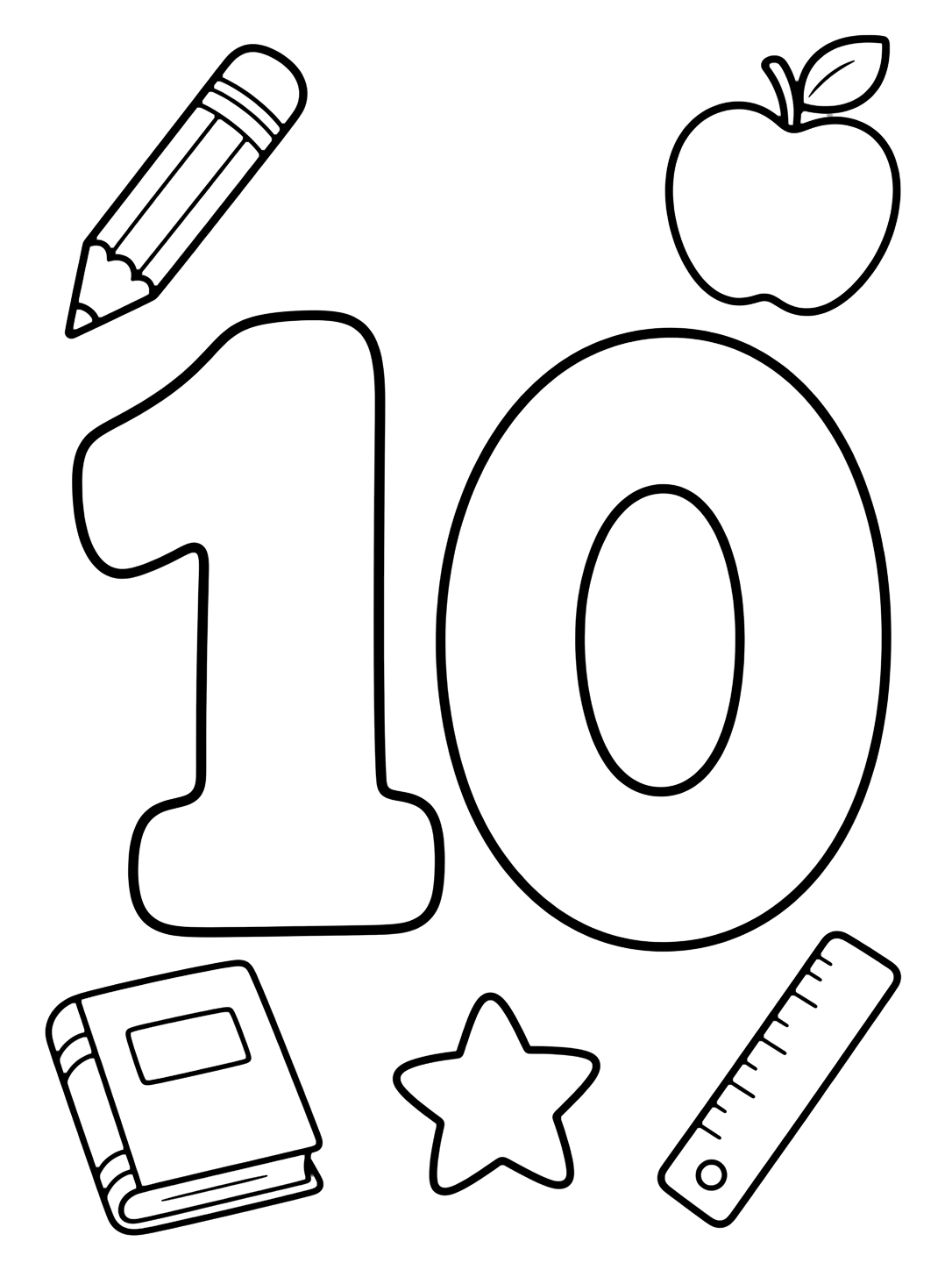 Dibujo para colorear con un número 10 grande en estilo doodle rodeado de cinco dibujos escolares sencillos: lápiz, manzana, libro, estrella y regla. Ideal para niños, actividades escolares, impresión y coloreado online.