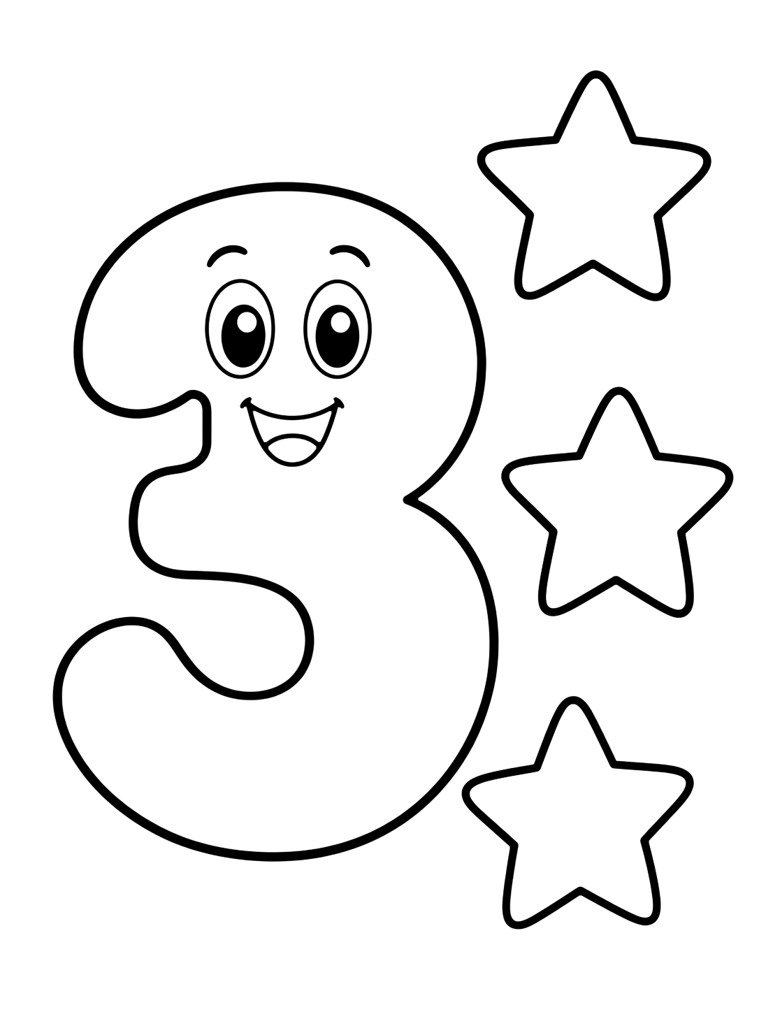 Disegno da colorare con un grande numero 3 simpatico con tre grandi stelle e alcune semplici stelline scolastiche. Adatto a bambini, scuola, stampa e colorazione online.
