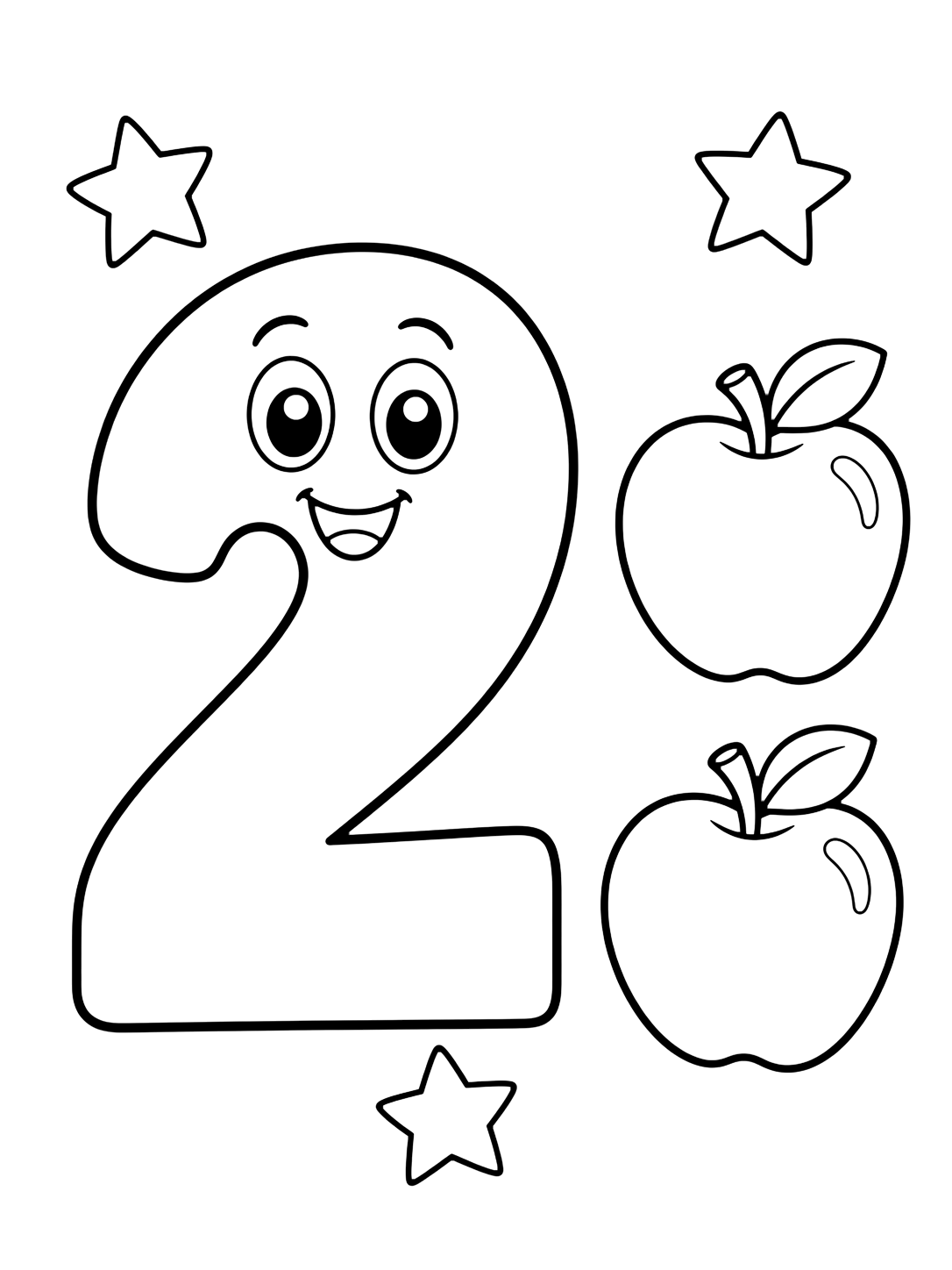 Coloriage avec un grand chiffre 2 amical avec deux pommes et quelques étoiles d'école simples. Idéal pour enfants, rentrée scolaire, impression et coloriage en ligne.