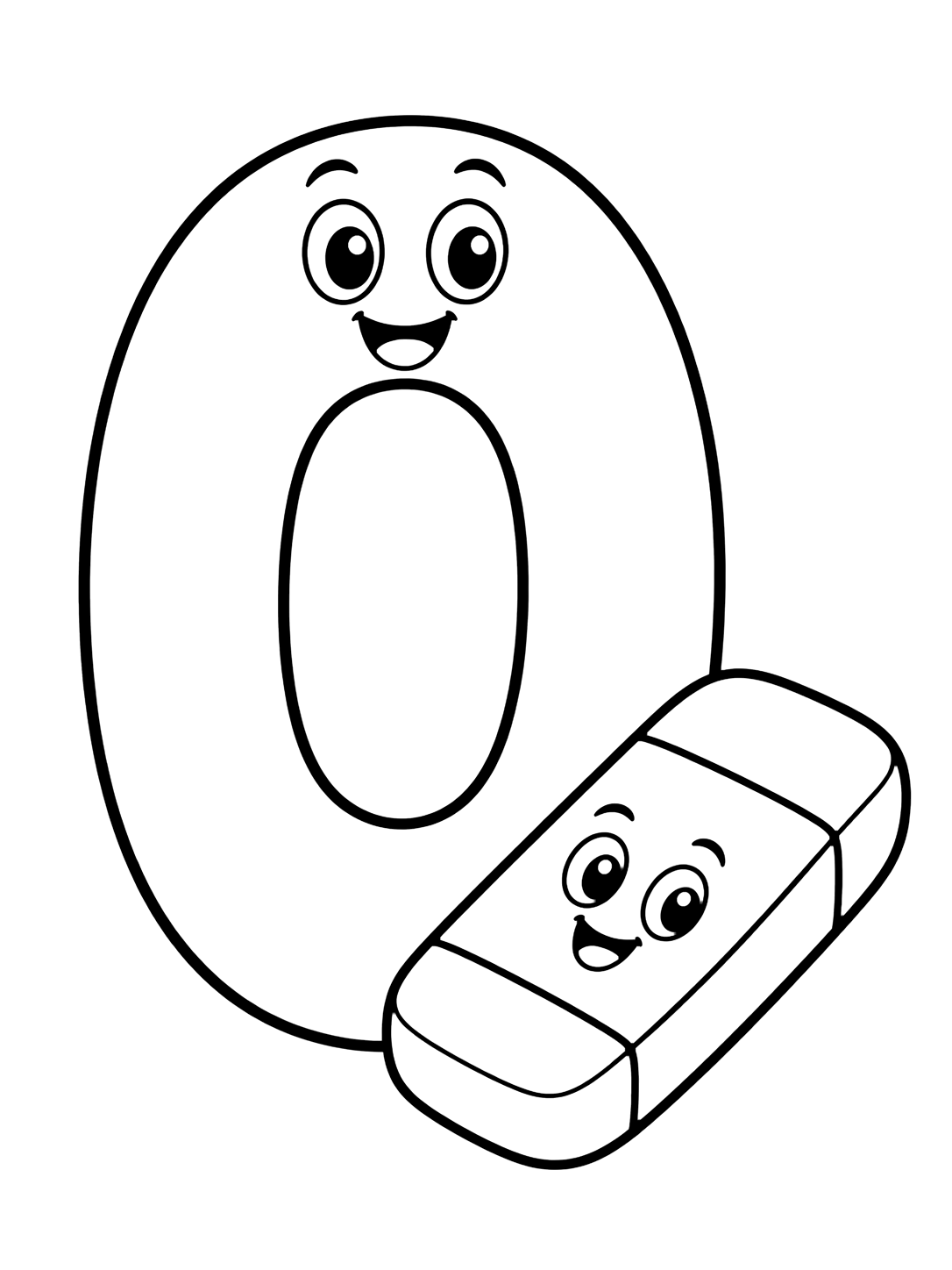 Dibujo para colorear con un gran número 0 simpático con una goma de borrar simpática y un espacio vacío grande dentro del cero y algunas estrellas escolares sencillas. Ideal para niños, actividades escolares, impresión y coloreado online.