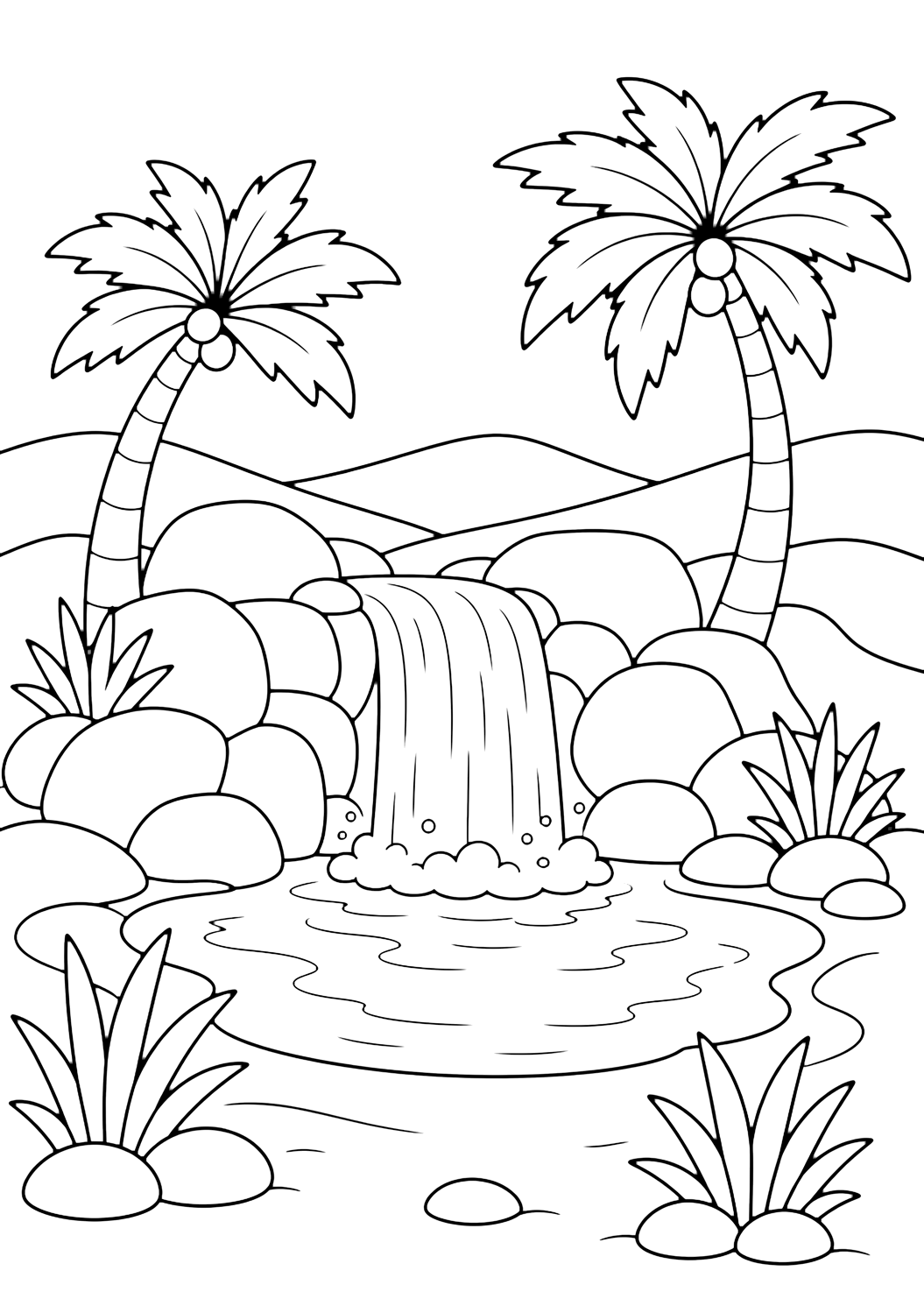 oasis waterfall coloring page with a small gentle waterfall flowing from smooth desert rocks into an oasis pool, with two simple palm trees, broad sandy banks, large plants, rounded stones, distant dunes, and open sky for kids