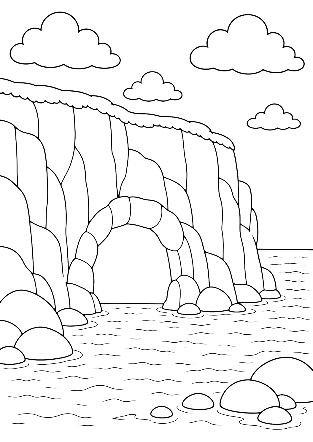 an ocean cliff cave coloring page with a rounded cave opening at the base of a high ocean cliff, with shallow sea water in front, broad cliff rocks, simple ripples, a few large stones, broad clouds, and open sky for kids