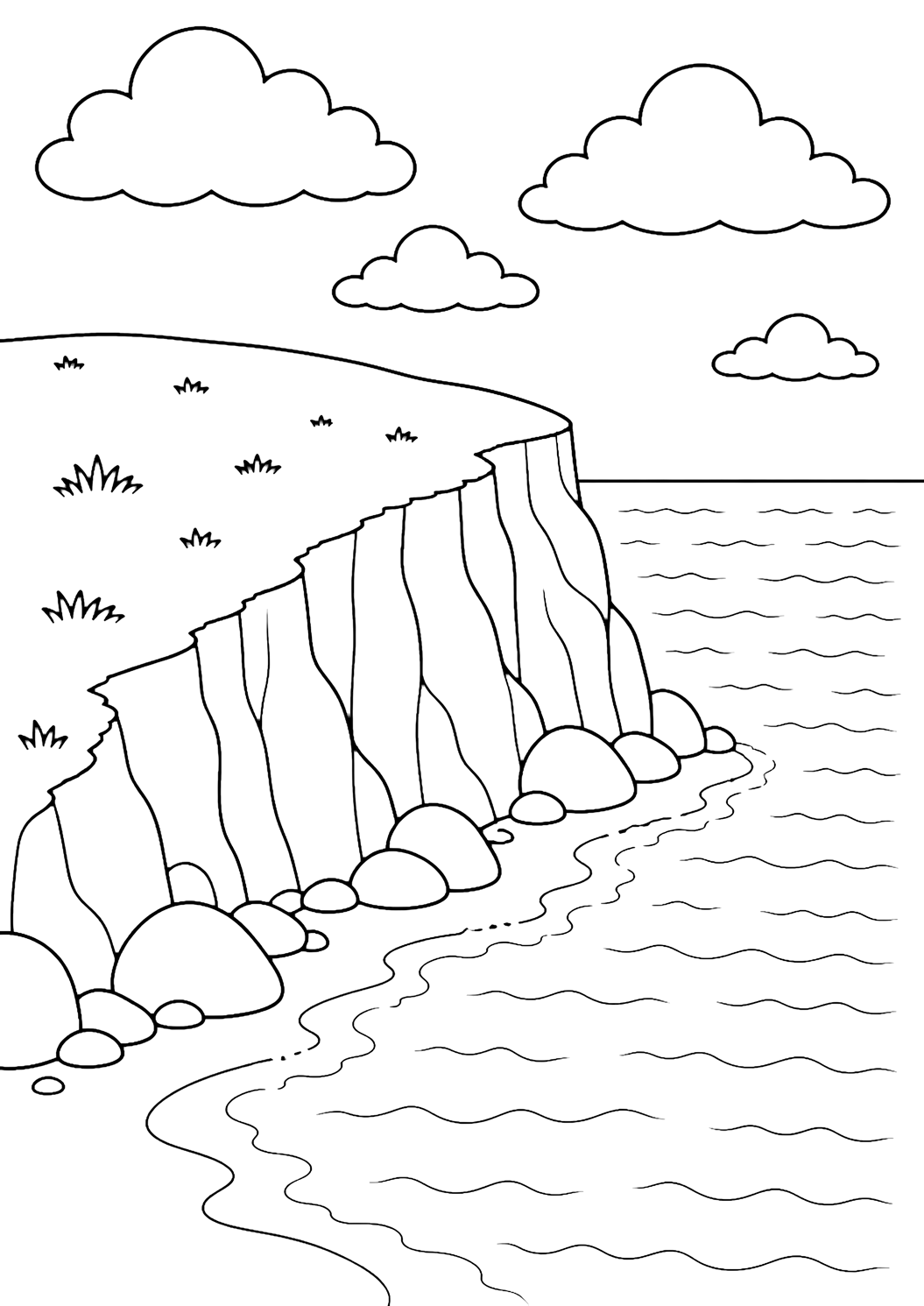 ocean headland cliffs coloring page with a high ocean headland cliff jutting into the sea, with one broad cliff ridge, simple shoreline curves below, gentle ocean waves, a few large rocks at the base, broad clouds, and open sky for kids