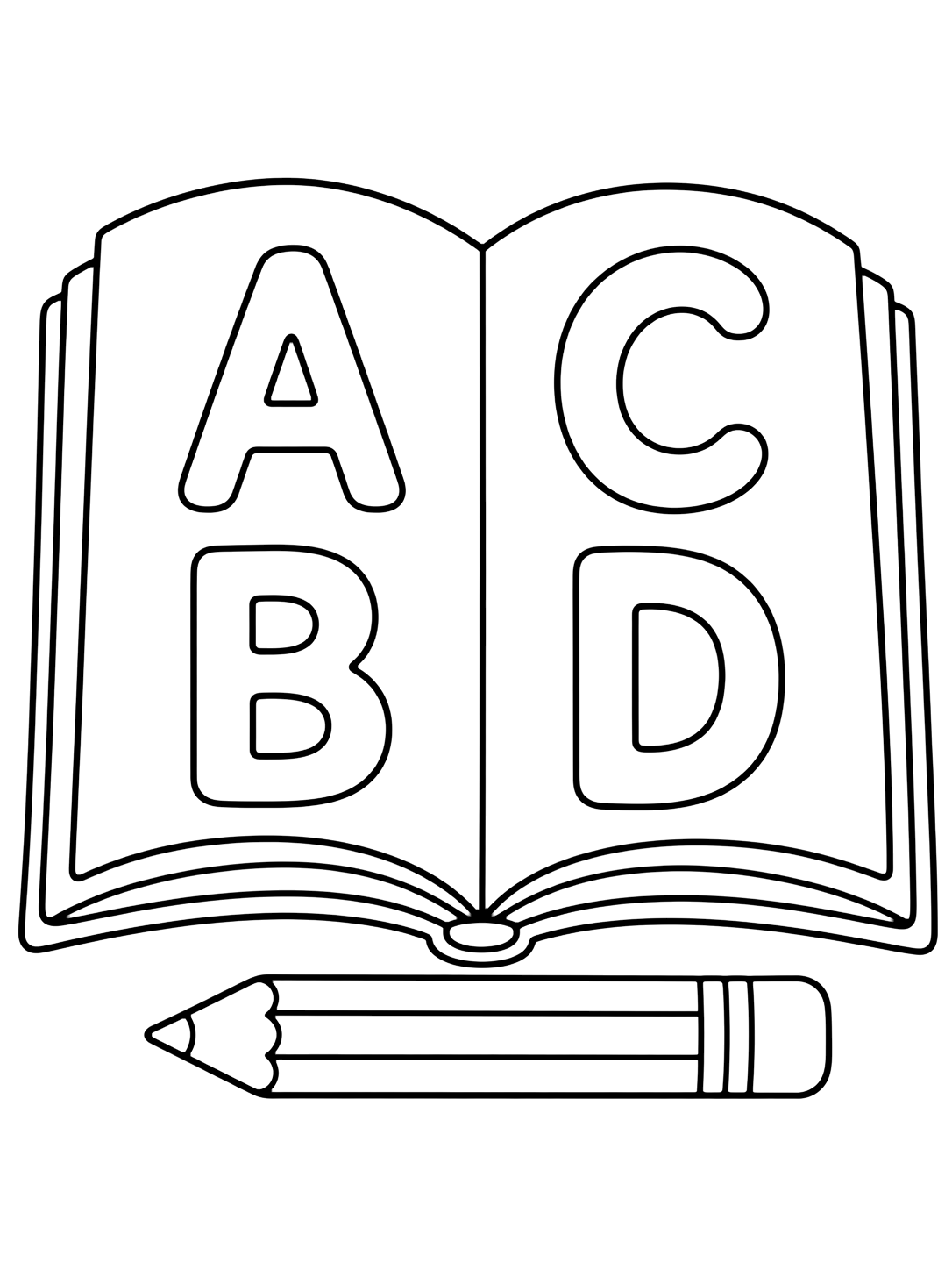 Coloriage avec un grand livre ouvert avec A et B sur la page gauche, C et D sur la page droite et un crayon marque-page dessous. Idéal pour enfants, alphabet, impression et coloriage en ligne.