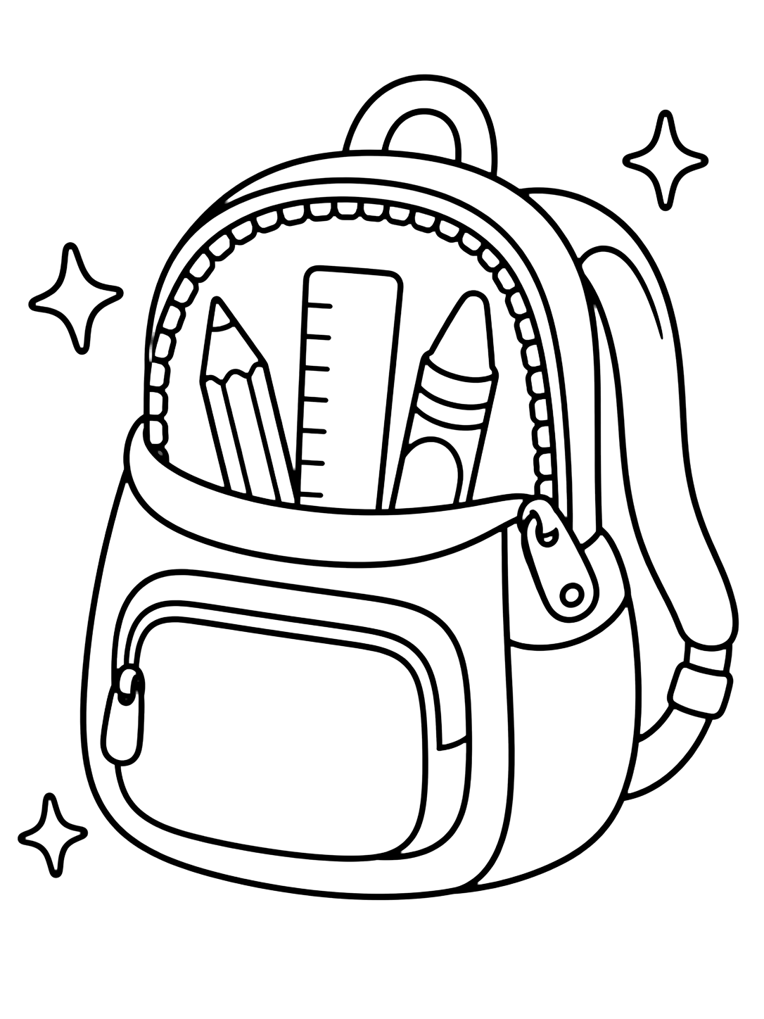 open backpack doodle coloring page with one large open backpack with a chunky zipper, one pencil, one ruler, one crayon, and a few loose doodle sparkles for kids