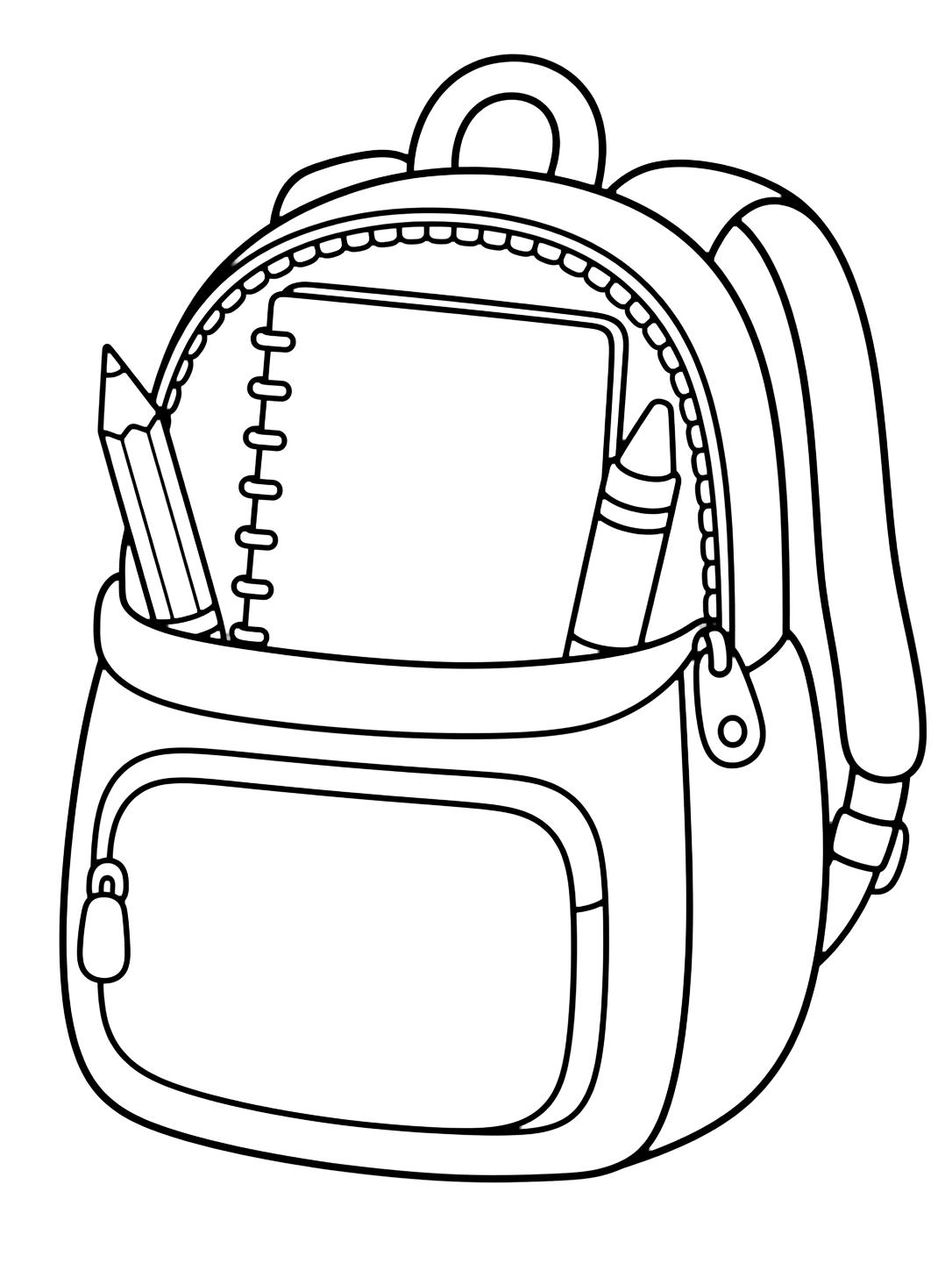 open backpack with school supplies coloring page with one large open school backpack with a big notebook, one pencil, and one crayon peeking out, plus a simple front pocket and two straps for kids