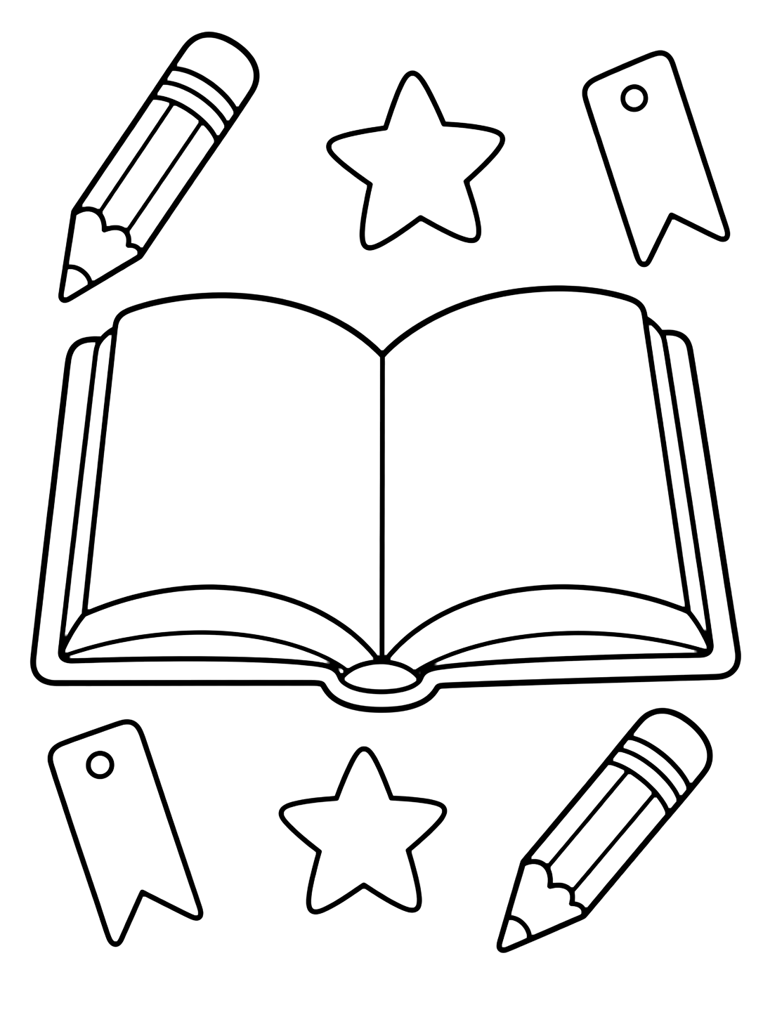 Dibujo para colorear con el motivo «libro abierto estilo doodle» con elementos doodle grandes, páginas en blanco y pocos detalles escolares. Ideal para niños, actividades escolares, impresión y coloreado online.