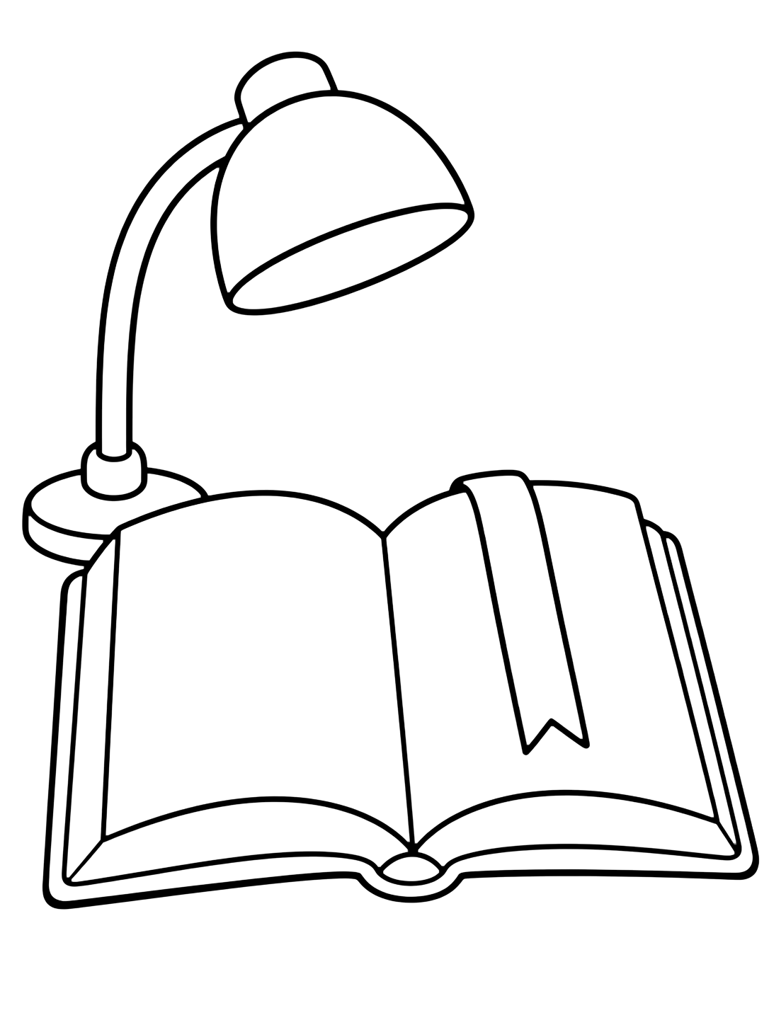Dibujo para colorear con el motivo «libro abierto bajo una lámpara» con libros escolares grandes, cubiertas en blanco y detalles escolares sencillos. Ideal para niños, actividades escolares, impresión y coloreado online.