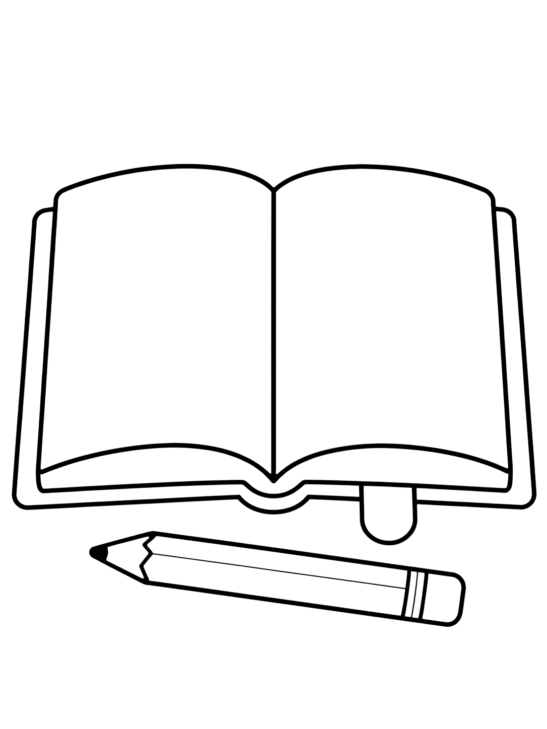 Dibujo para colorear con el motivo «libro escolar abierto y lápiz» con libros escolares grandes, cubiertas en blanco y detalles escolares sencillos. Ideal para niños, actividades escolares, impresión y coloreado online.