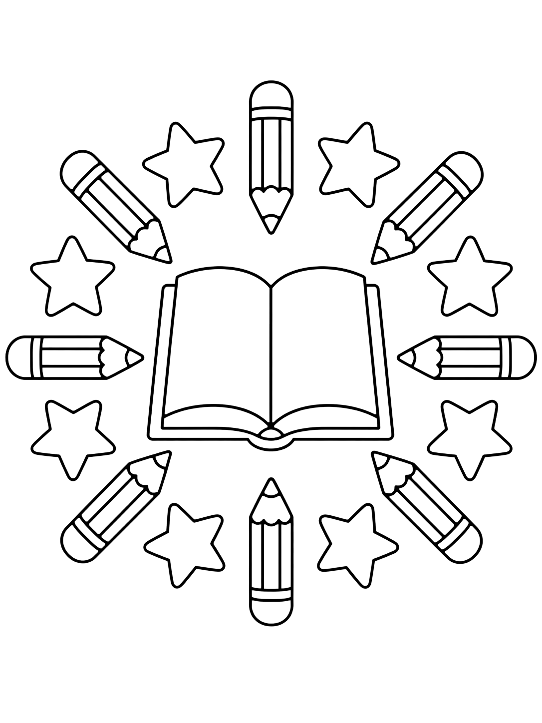 Dibujo para colorear con el motivo «mandala de libro abierto» en una mandala circular fácil con formas grandes de libros escolares. Ideal para niños, actividades escolares, impresión y coloreado online.