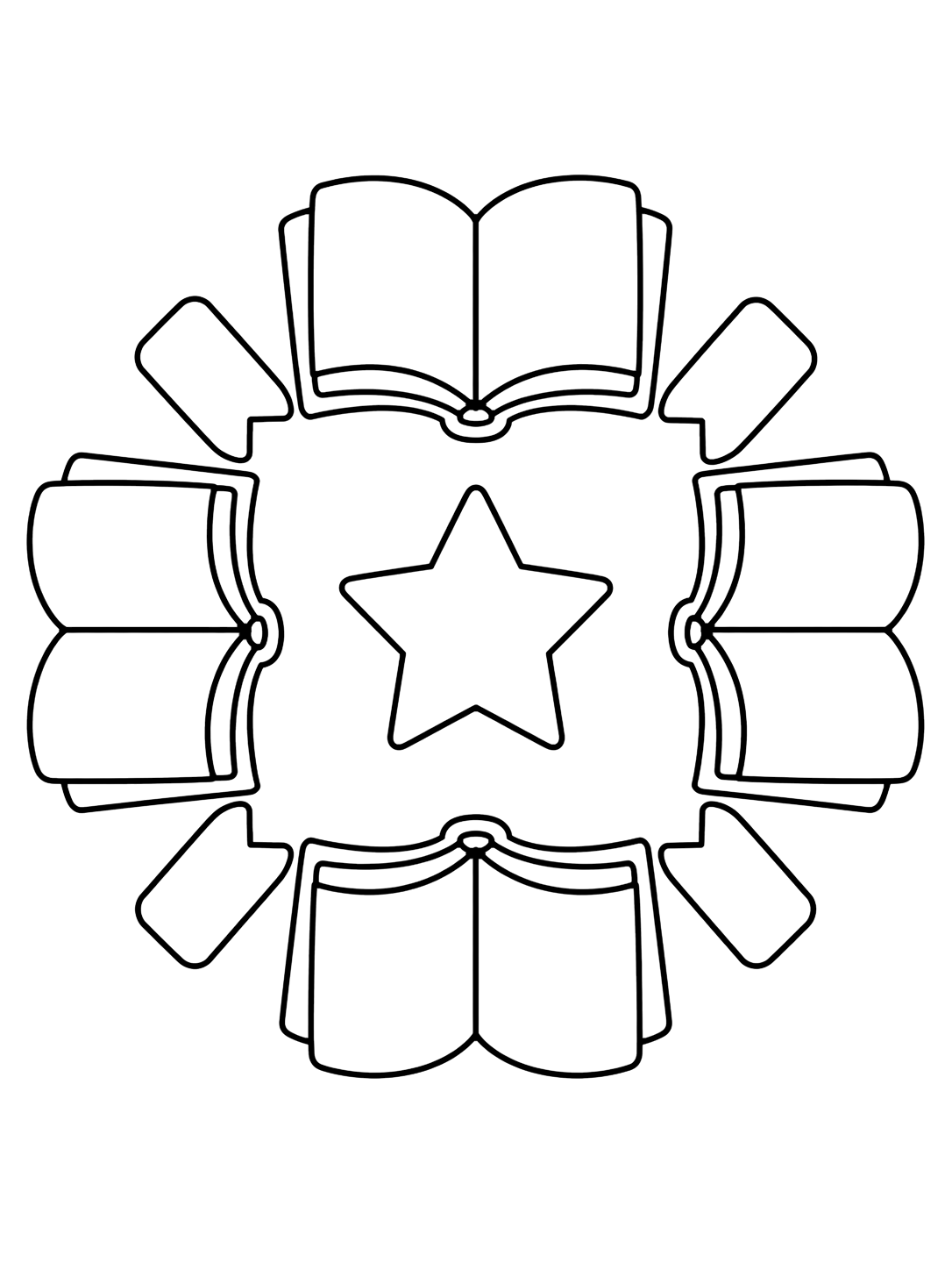 Dibujo para colorear con el motivo «mandala de libros abiertos con estrella» en una mandala circular fácil con formas grandes de libros escolares. Ideal para niños, actividades escolares, impresión y coloreado online.