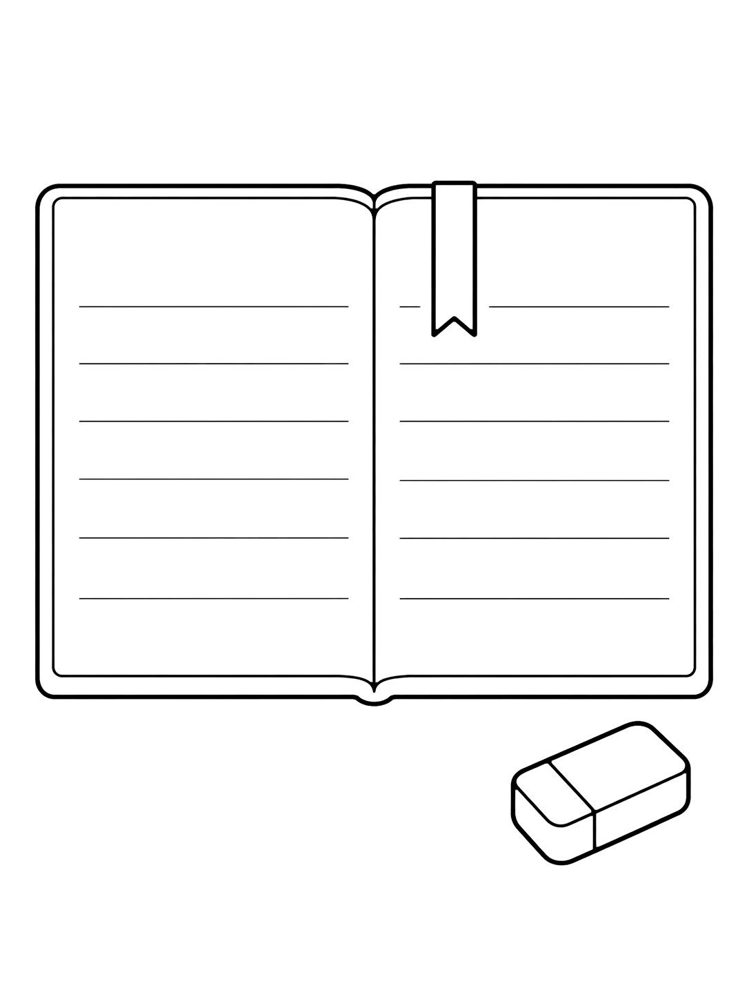 Dibujo para colorear con el motivo «cuaderno abierto» con un cuaderno claro, formas escolares grandes y mucho espacio libre. Ideal para niños, actividades escolares, impresión y coloreado online.