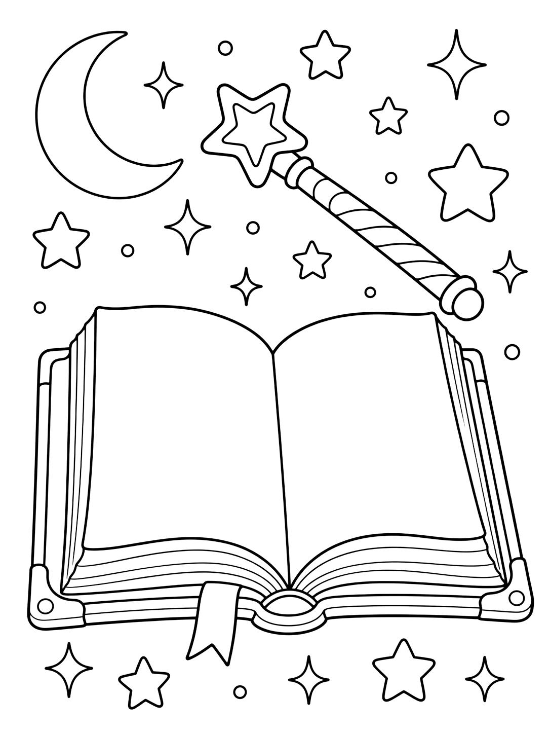 Рисунка за оцветяване с отворена книга за заклинания и пръчка
