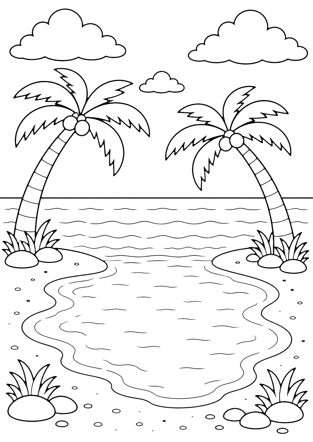 Disegno di spiaggia con palme da colorare con una laguna calma e poco profonda su una spiaggia con palme, con bordi di sabbia curvi, due palme inclinate sull'acqua, semplice orizzonte dell'oceano dietro, leggere increspature, grandi nuvole e cielo aperto. Adatto a bambini, estate, stampa e colorazione online.