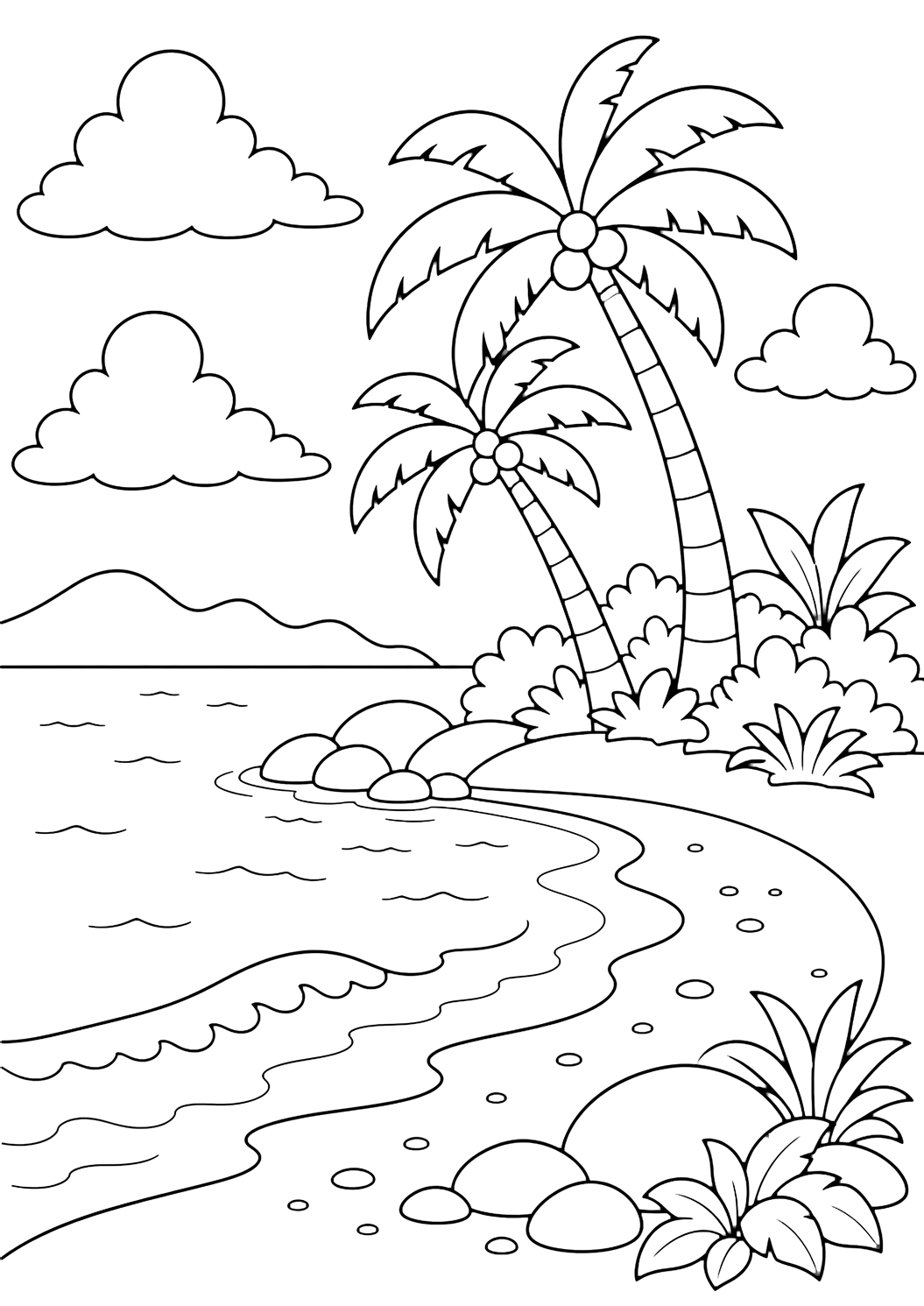 palm island cove coloring page with a quiet crescent cove on a small tropical island, with two leaning palm trees, gentle waves, smooth rocks, a sandy beach curve, broad clouds, and open sky for kids