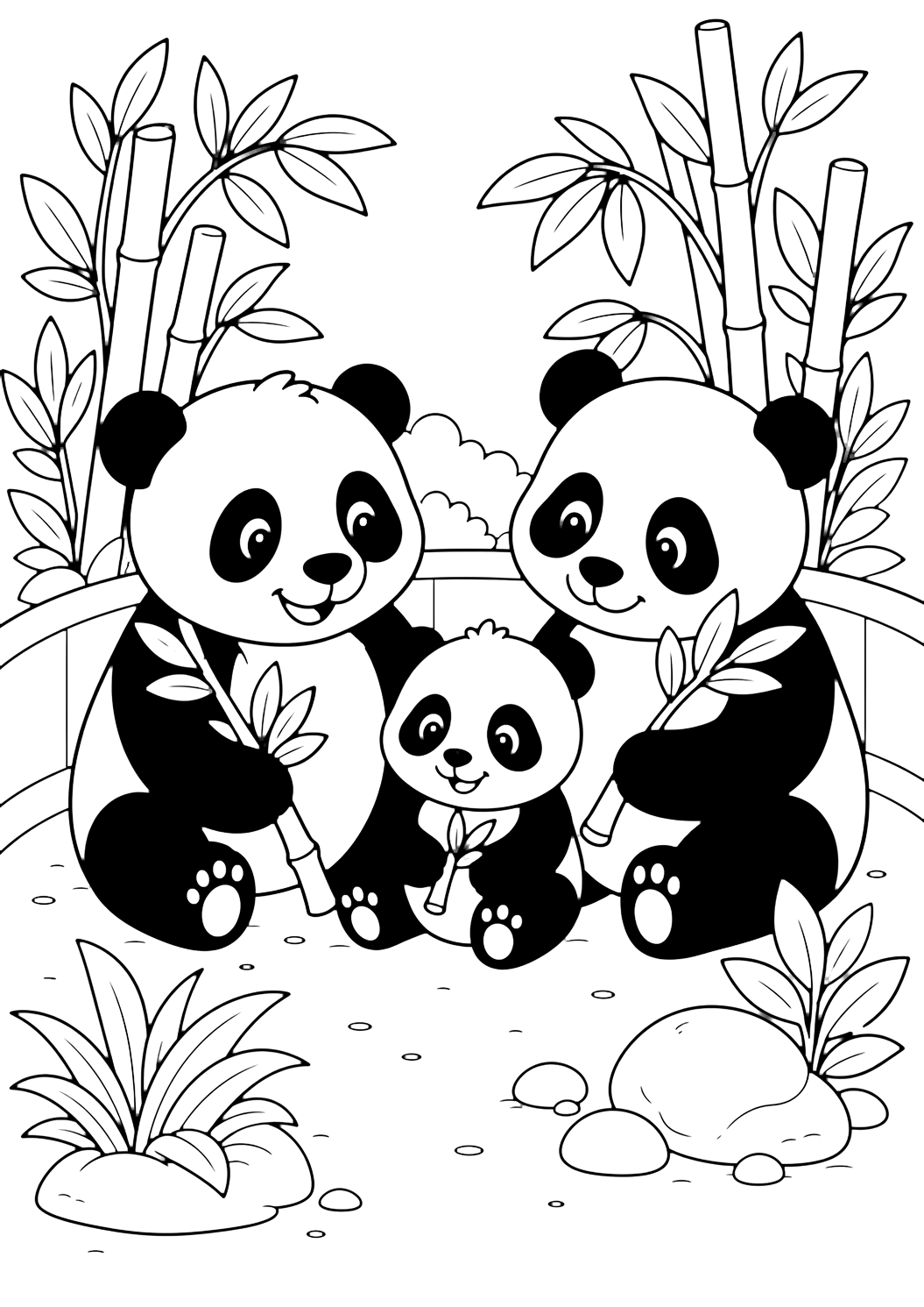 page de coloriage famille de pandas au zoo, scène chaleureuse de famille d’animaux du zoo