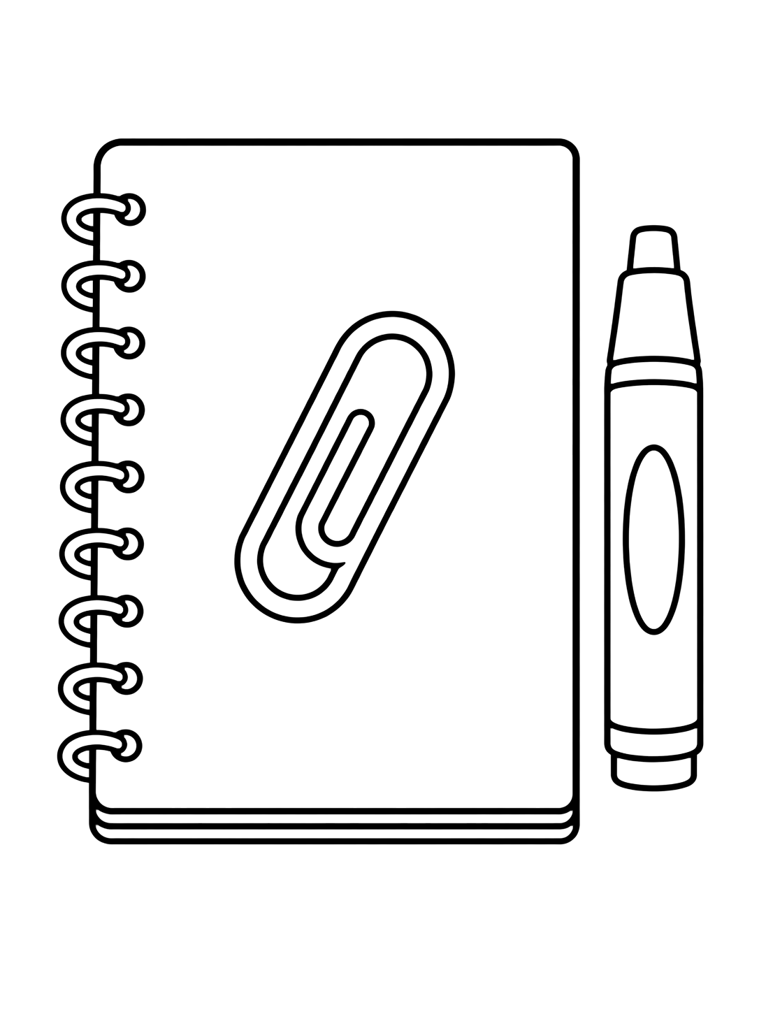 Dibujo para colorear con el motivo «cuaderno con clip» con un cuaderno claro, formas escolares grandes y mucho espacio libre. Ideal para niños, actividades escolares, impresión y coloreado online.