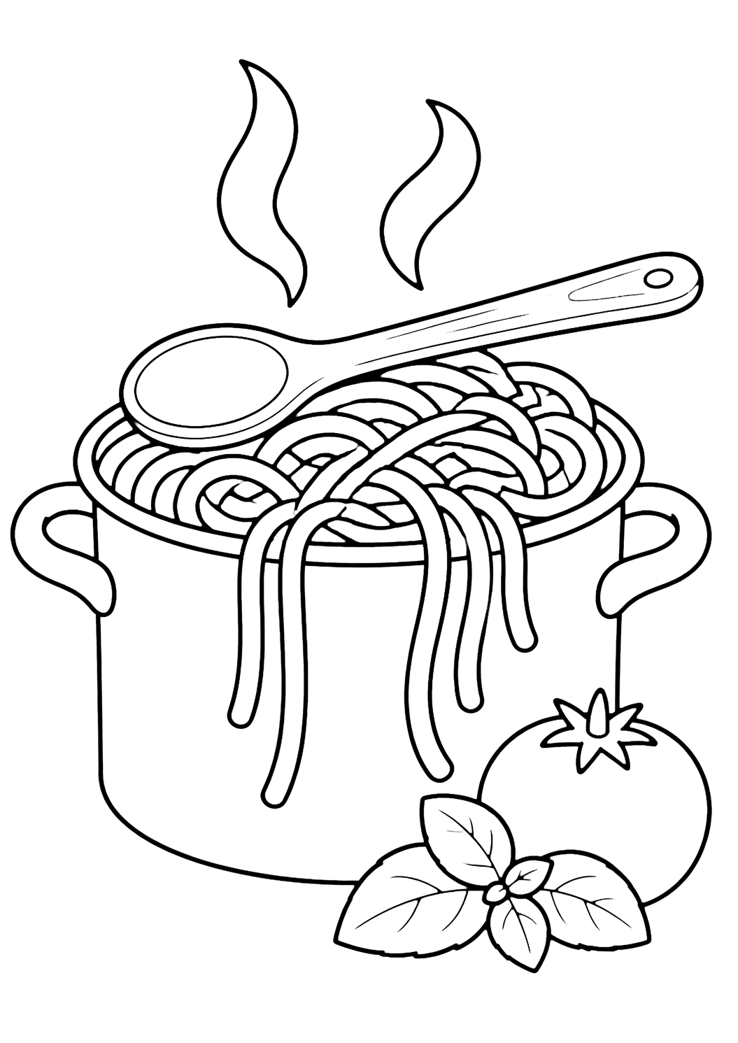 Dibujo de comida para colorear con una olla sencilla llena de pasta larga, fideos sobre el borde, una cuchara de madera encima, dos rizos de vapor y un tomate pequeño con hojas de albahaca. Ideal para niños, impresión y coloreado online.
