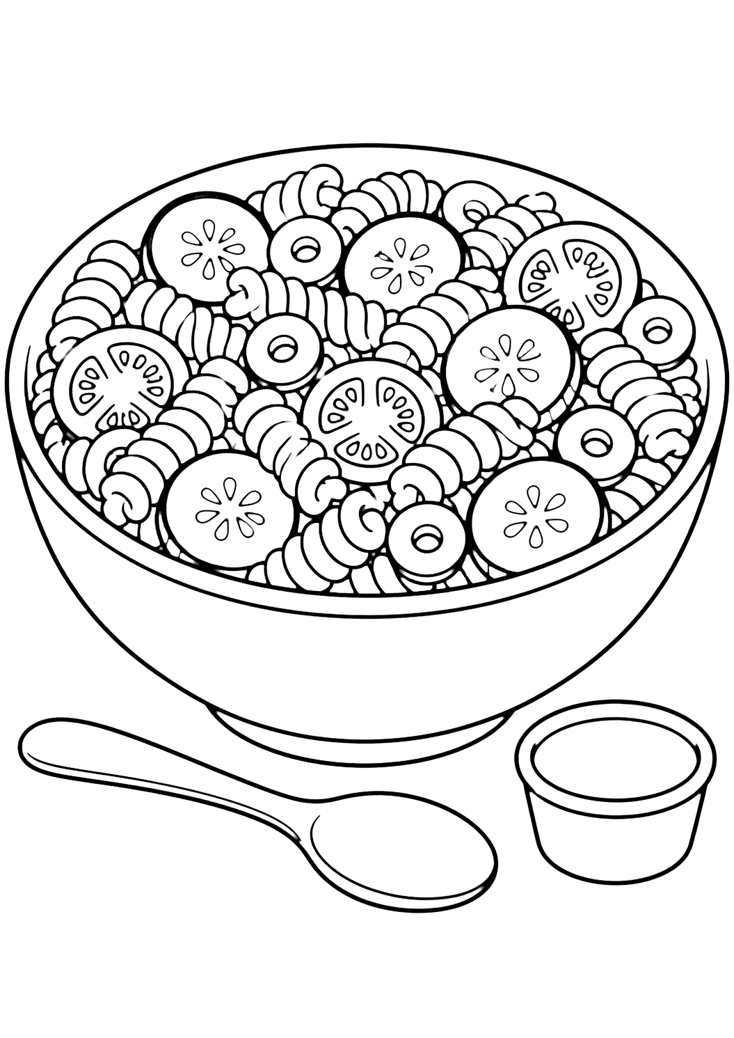 Dibujo de comida para colorear con un bol grande de ensalada de pasta con fusilli en espiral, rodajas de pepino, círculos de tomate, aros de aceituna, una cuchara de servir y un cuenco pequeño de aderezo sin texto. Ideal para niños, impresión y coloreado online.