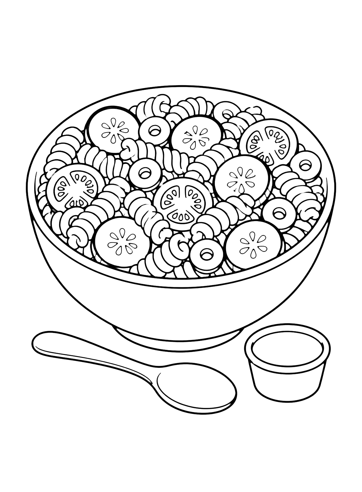 Página de ensalada para colorear con un cuenco grande de ensalada de pasta con pasta en espiral, rodajas de pepino, mitades de tomate cherry, aros de aceituna, albahaca, cuchara y un vasito de aderezo. Ideal para niños, imprimir y colorear online.