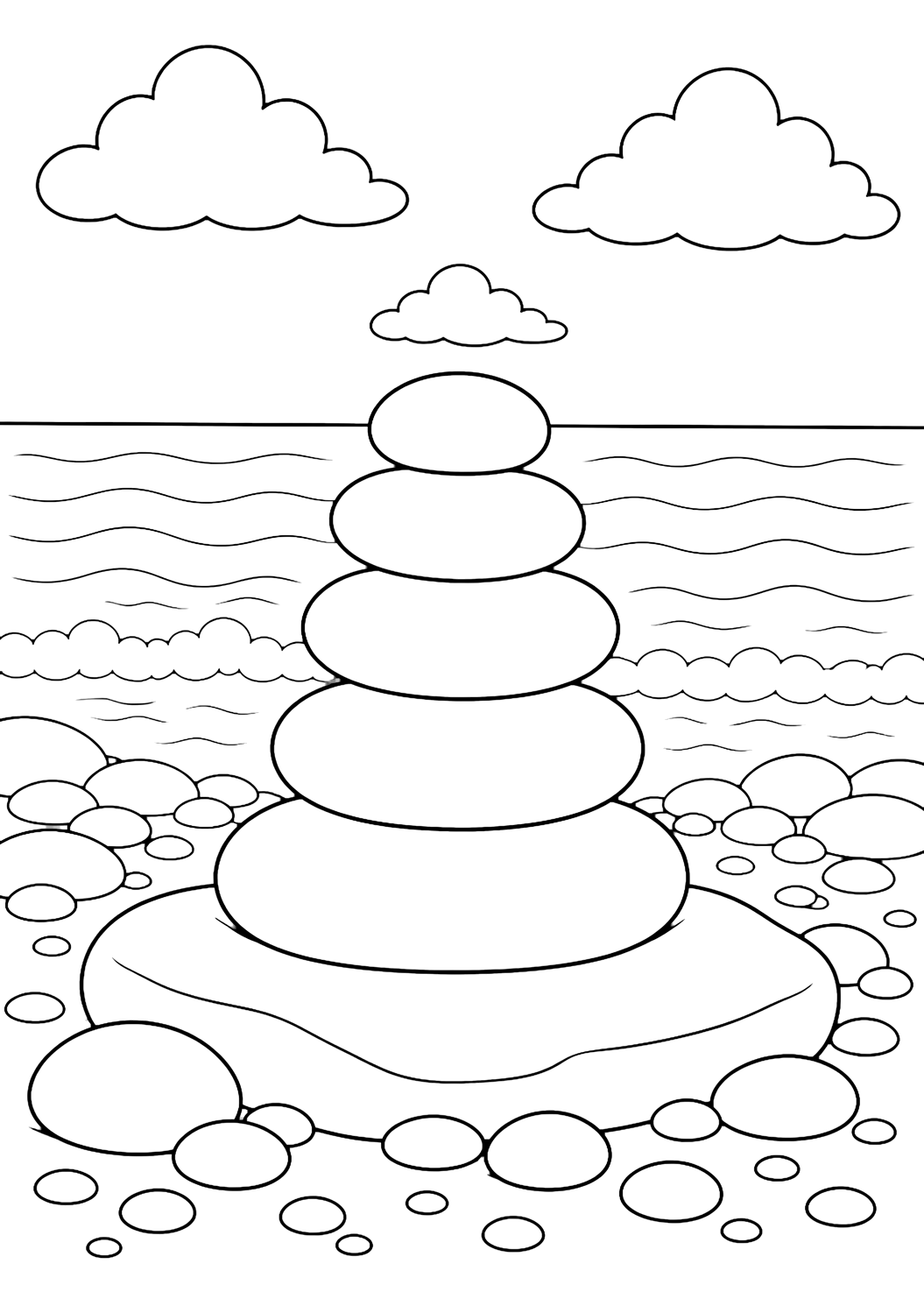 Coloriage de côte rocheuse avec une pile équilibrée de galets arrondis sur un rocher côtier plat, avec des galets éparpillés, un horizon marin calme, de simples vagues, de grands nuages et un ciel ouvert. Idéal pour enfants, thèmes de la mer, impression et coloriage en ligne.