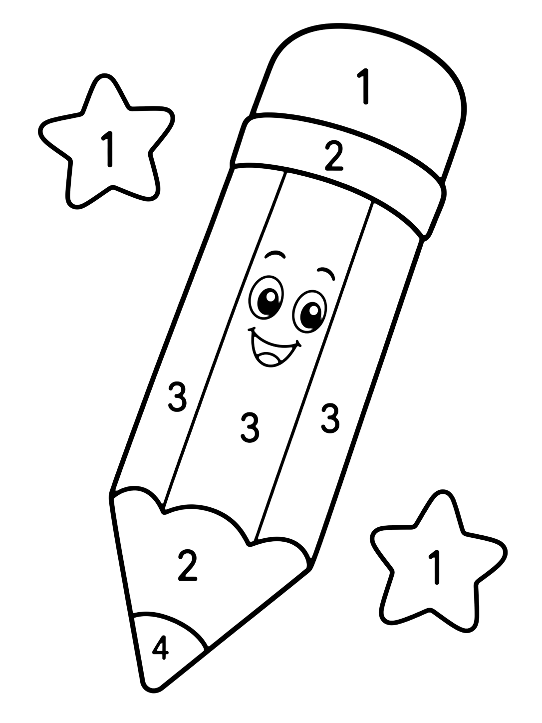 Coloriage avec un grand crayon divisé en larges zones numérotées de 1 à 4, avec deux étoiles simples. Idéal pour enfants, rentrée scolaire, impression et coloriage en ligne.