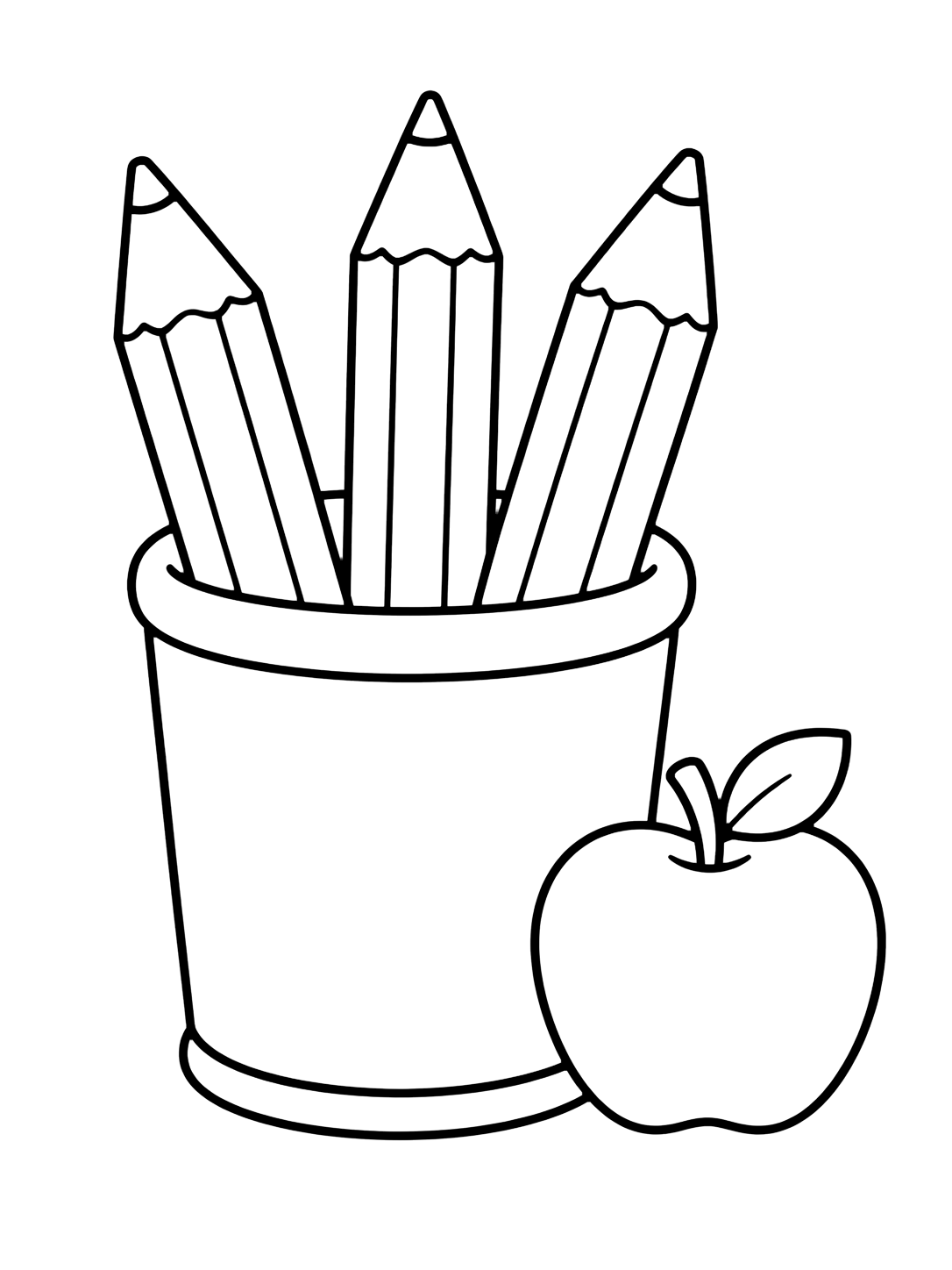 Coloriage avec le motif « pot à crayons » avec un grand crayon et des détails scolaires simples. Idéal pour enfants, rentrée scolaire, impression et coloriage en ligne.
