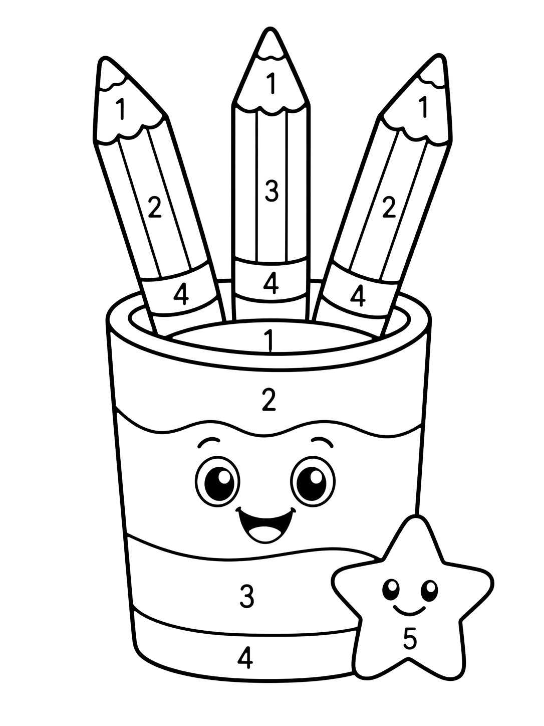 Coloriage avec un pot à crayons doodle avec trois crayons, de grandes zones amicales et les chiffres de 1 à 5. Idéal pour enfants, rentrée scolaire, impression et coloriage en ligne.