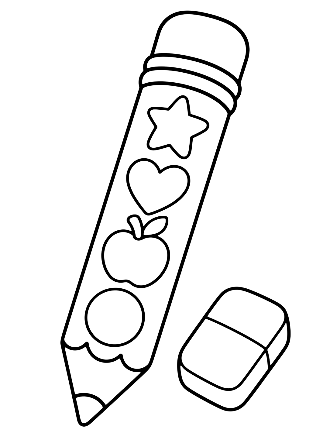 Картинка за оцветяване с мотива „молив с doodle лепенки“ с едри doodle елементи и много празно пространство. Подходяща за деца, училищни занимания, принтиране и онлайн оцветяване.