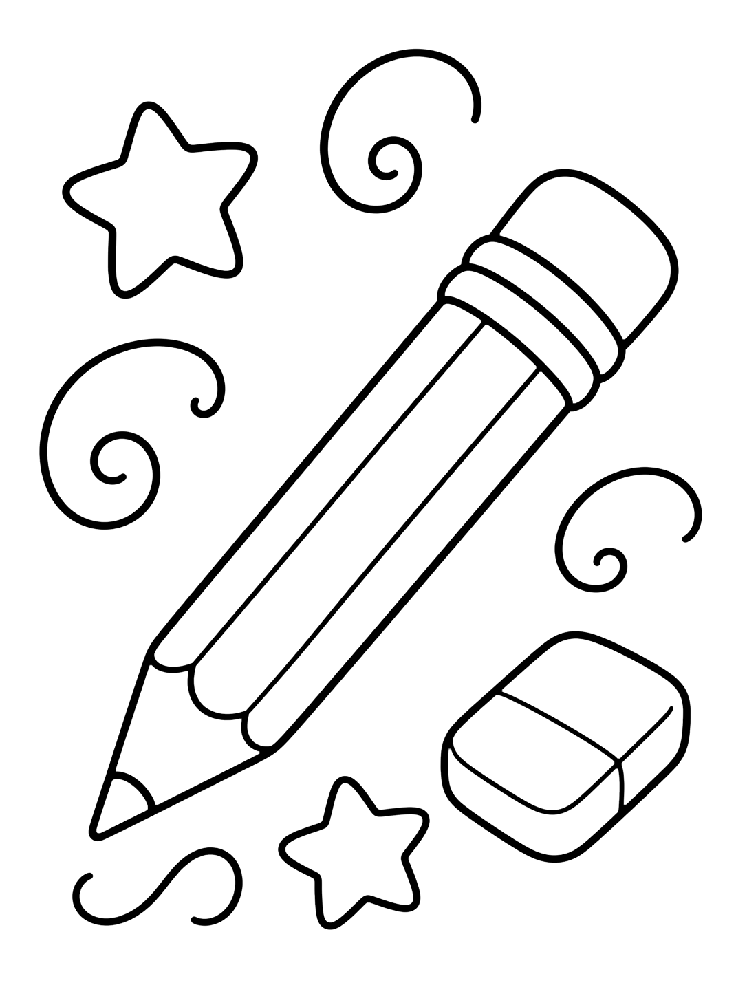 Картинка за оцветяване с мотива „молив с doodle завъртулки“ с едри doodle елементи и много празно пространство. Подходяща за деца, училищни занимания, принтиране и онлайн оцветяване.